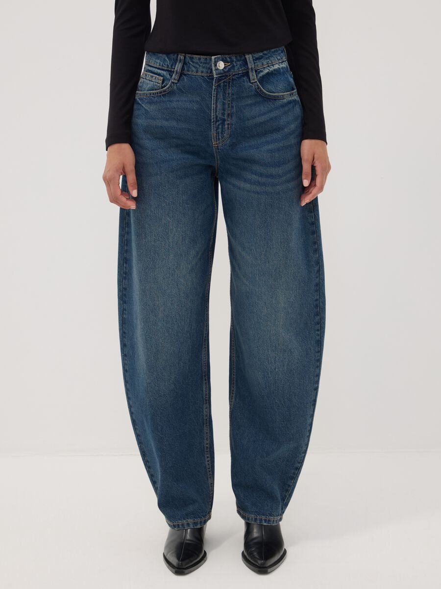 Blue denim pure cotton barrel-fit jeans_2
