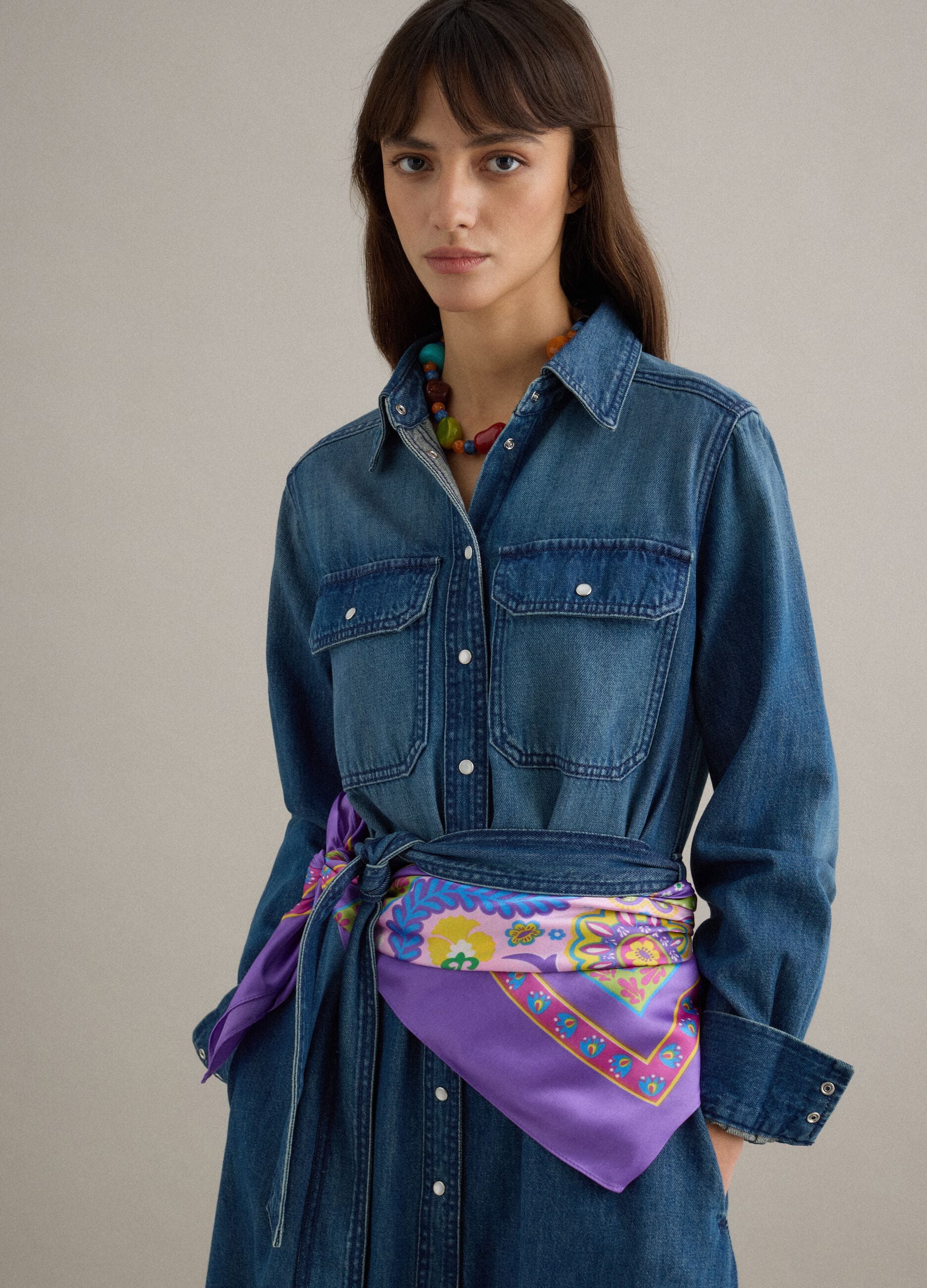 Long blue denim dress in pure cotton, regular fit