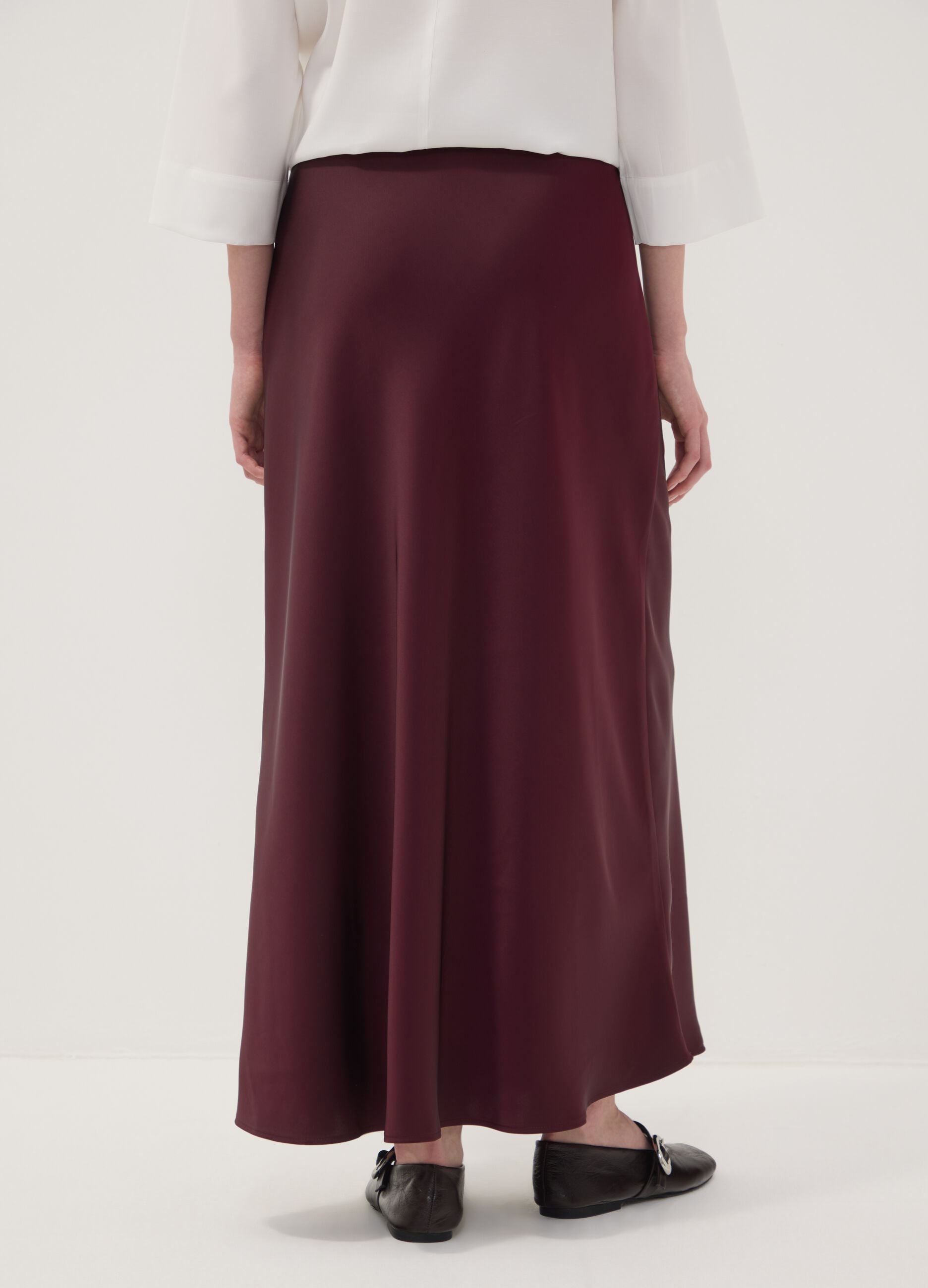 Red satin maxi skirt with elasticated waist
