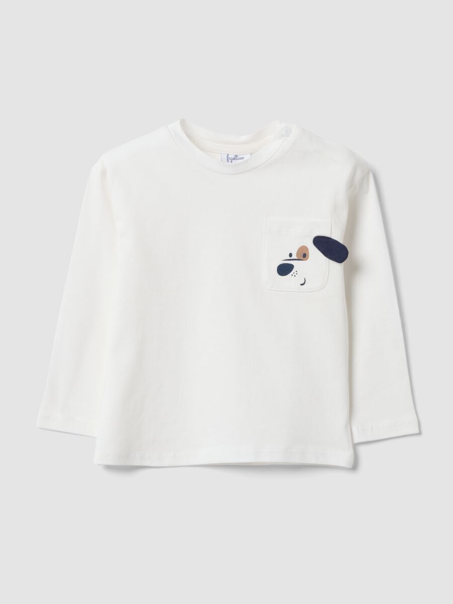 White pure organic cotton crew-neck T-shirt with chest pocket for baby boy_0