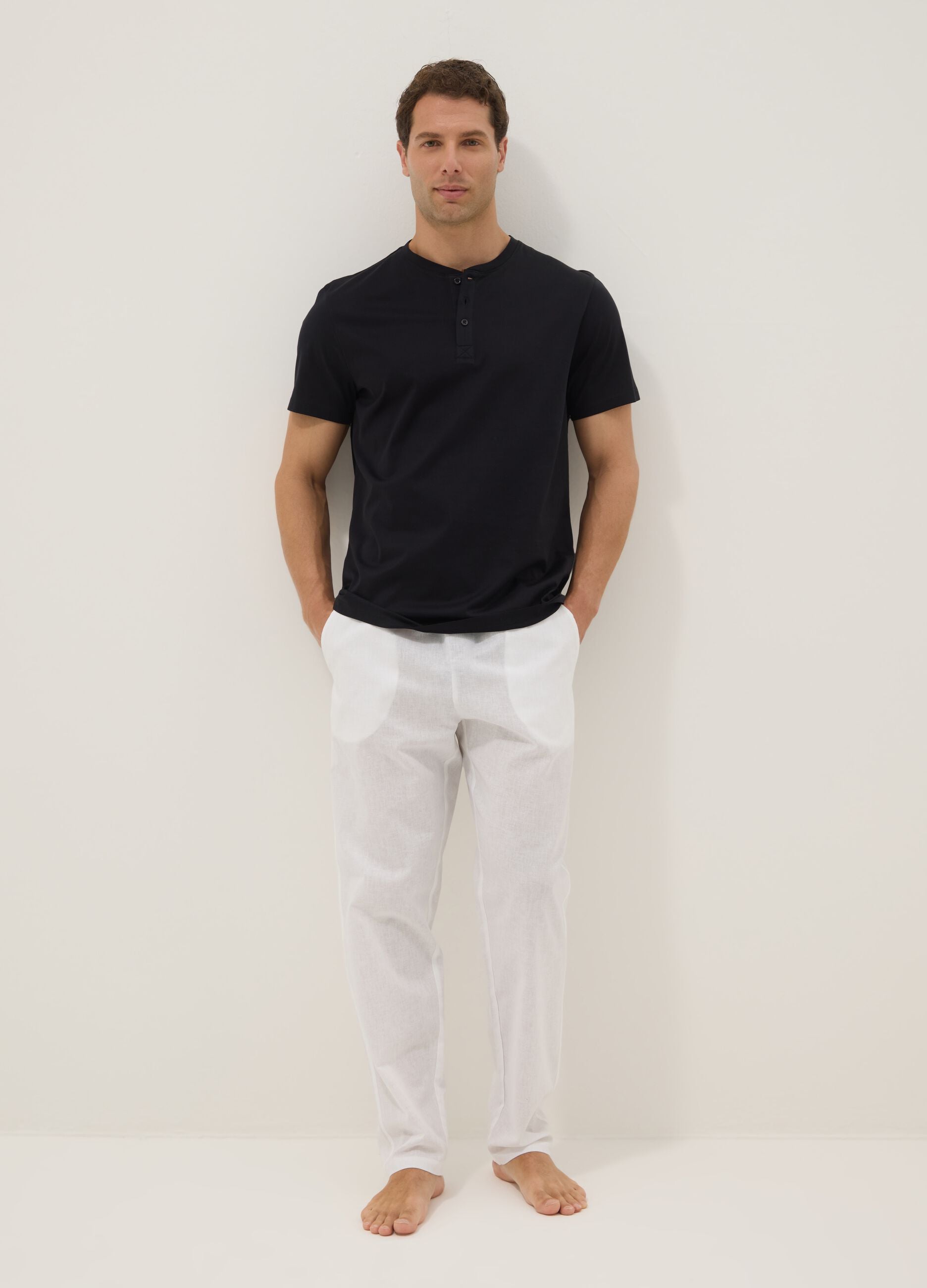 White cotton-linen blend pyjama trousers with relaxed fit