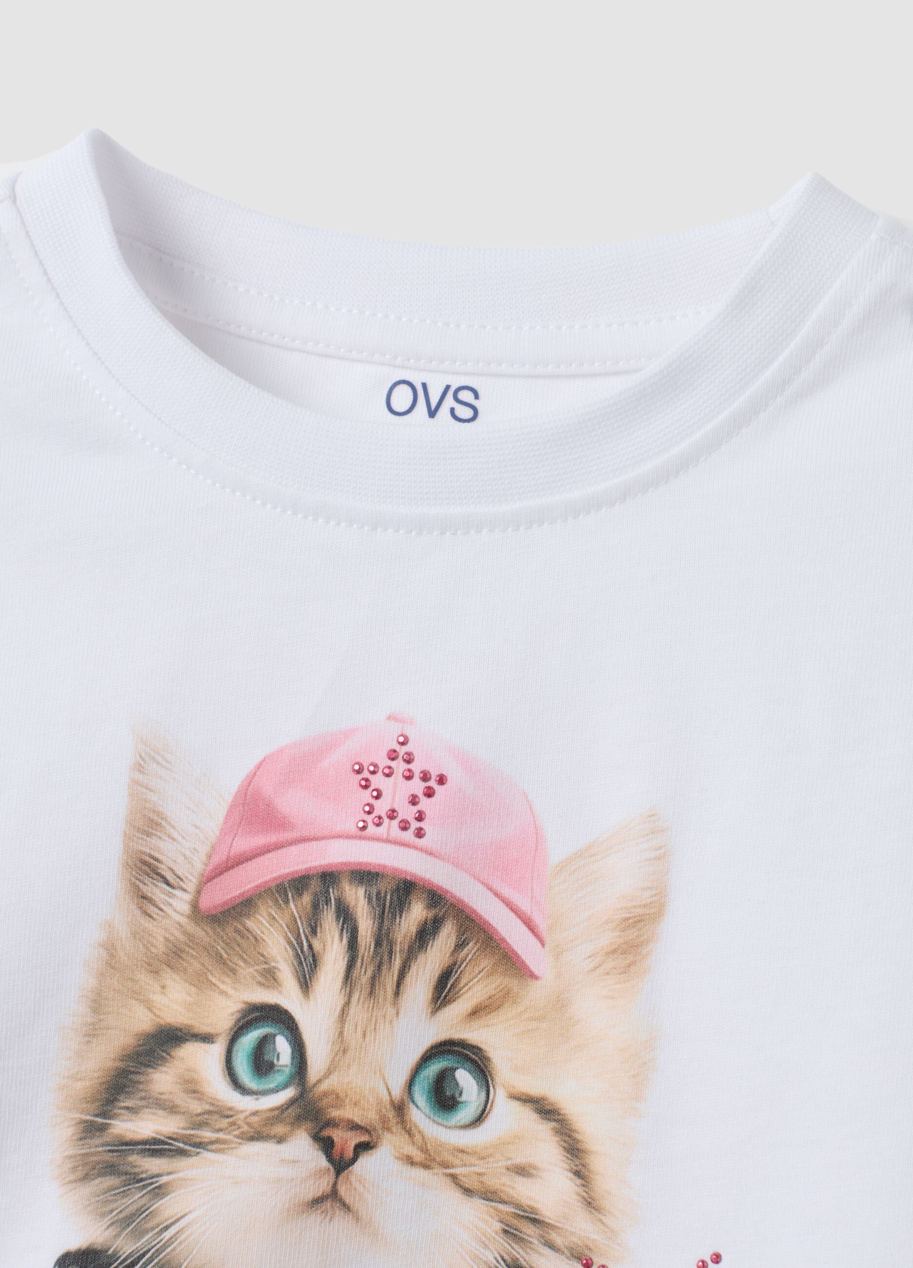 White long-sleeved pure cotton T-shirt with kitten print for girls