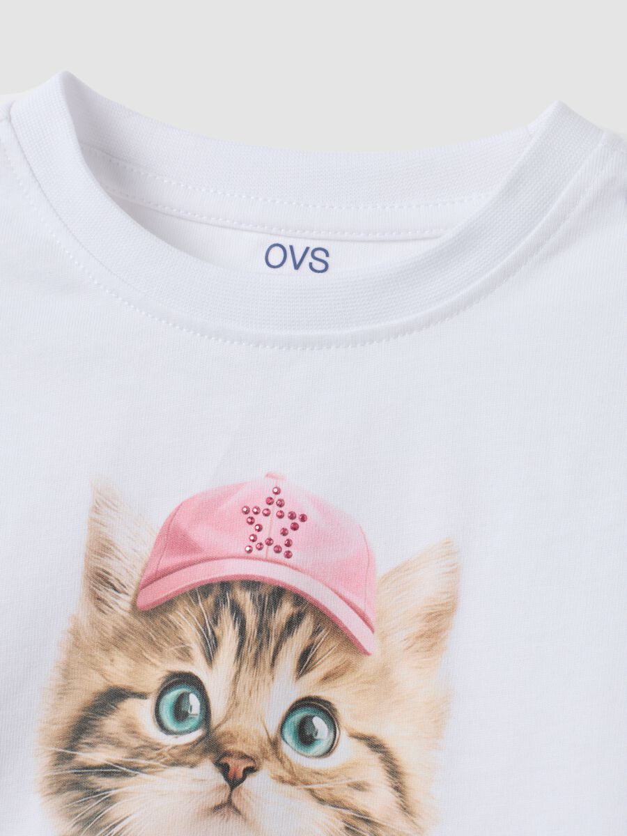 White long-sleeved pure cotton T-shirt with kitten print for girls_2