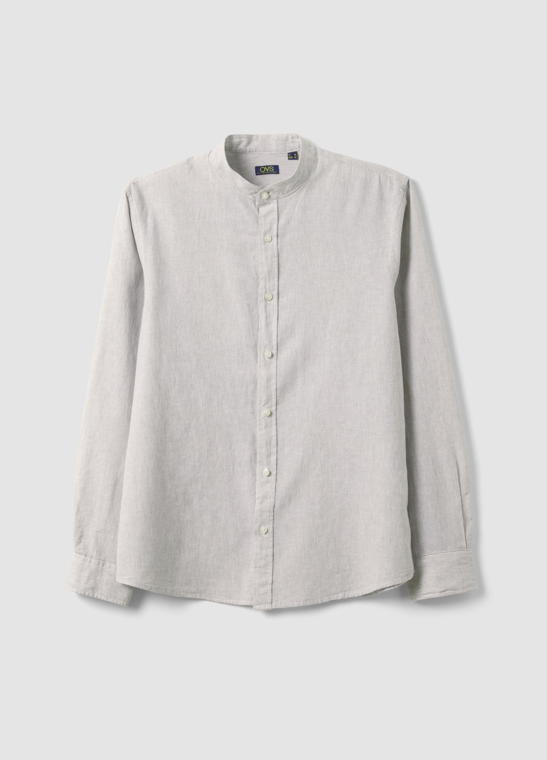 Multicolour striped shirt with mandarin collar in linen-cotton blend regular fit