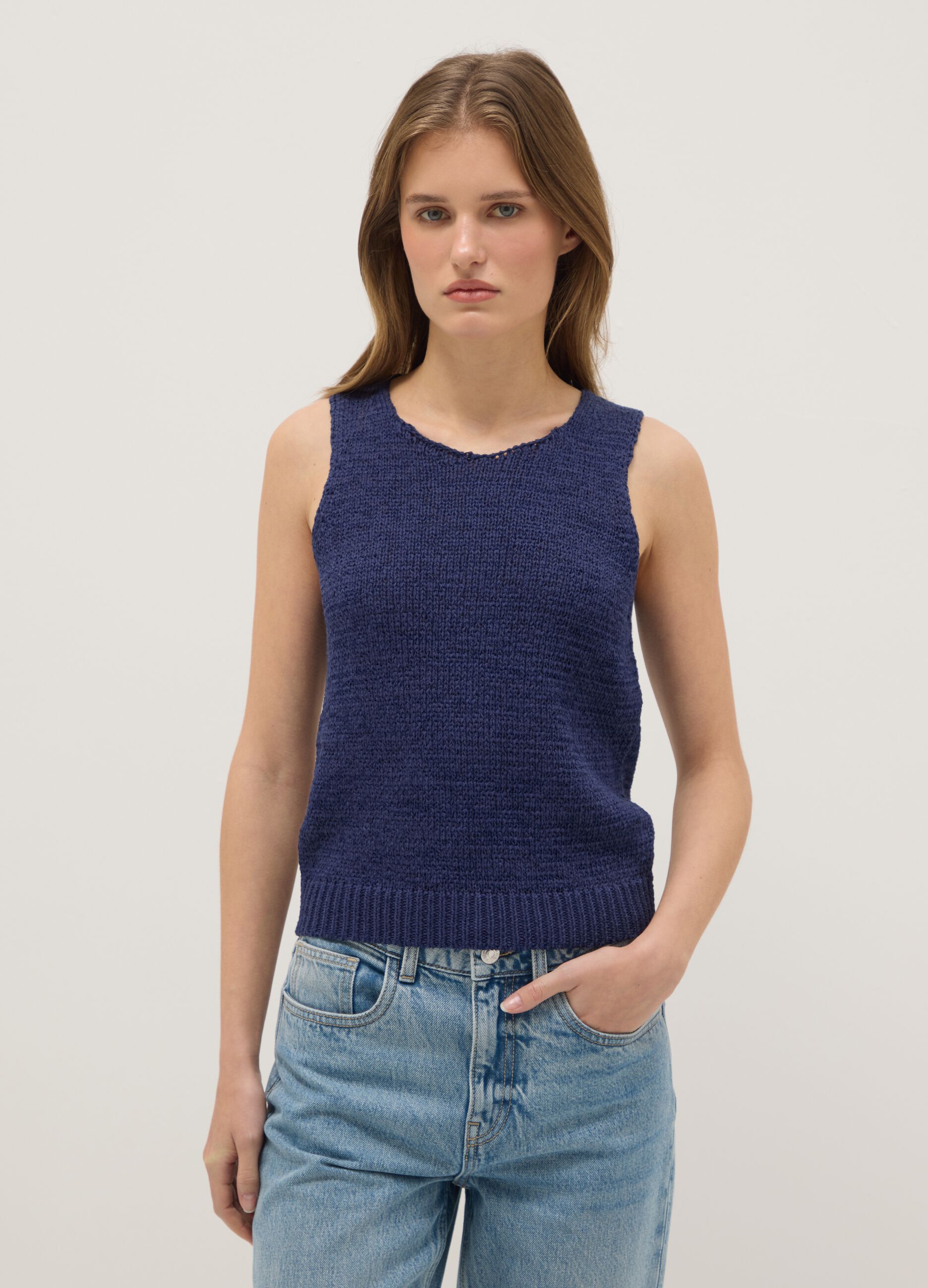 Blue Cotton Blend Regular Fit Tank Top