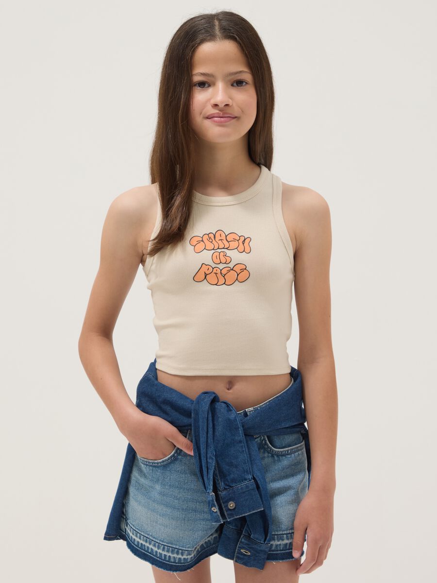 Tank top beige in cotone elasticizzato con stampa per ragazza fitted_0