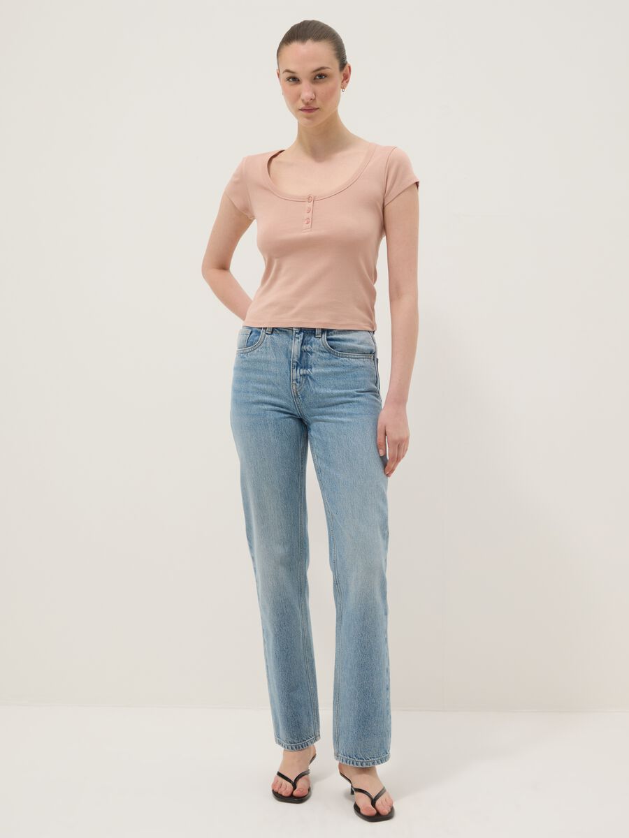 Pink pure cotton regular fit T-shirt with deep serafino neckline_2
