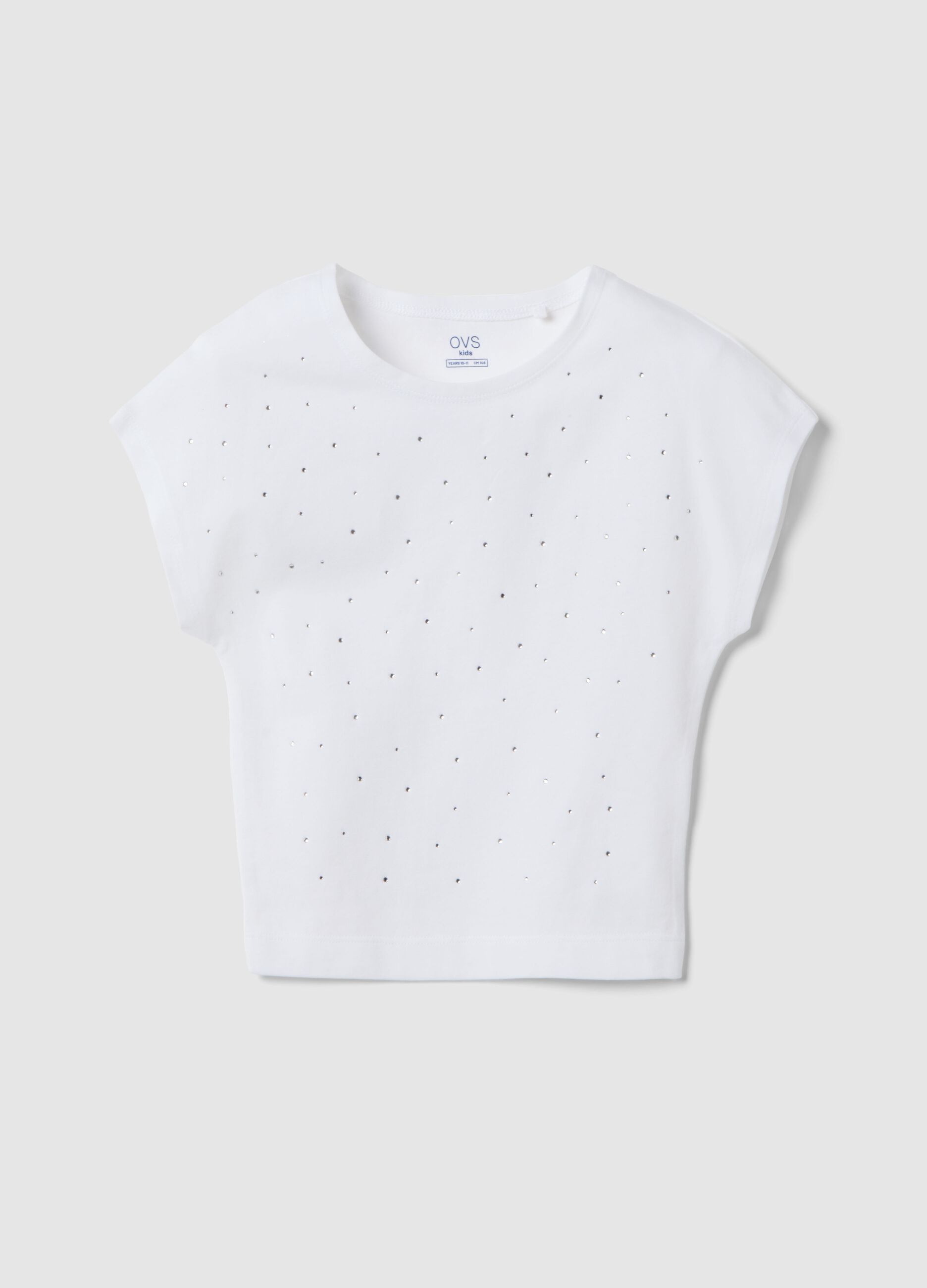 Girls' Slim Fit White Stretch Cotton T-shirt with Rhinestones