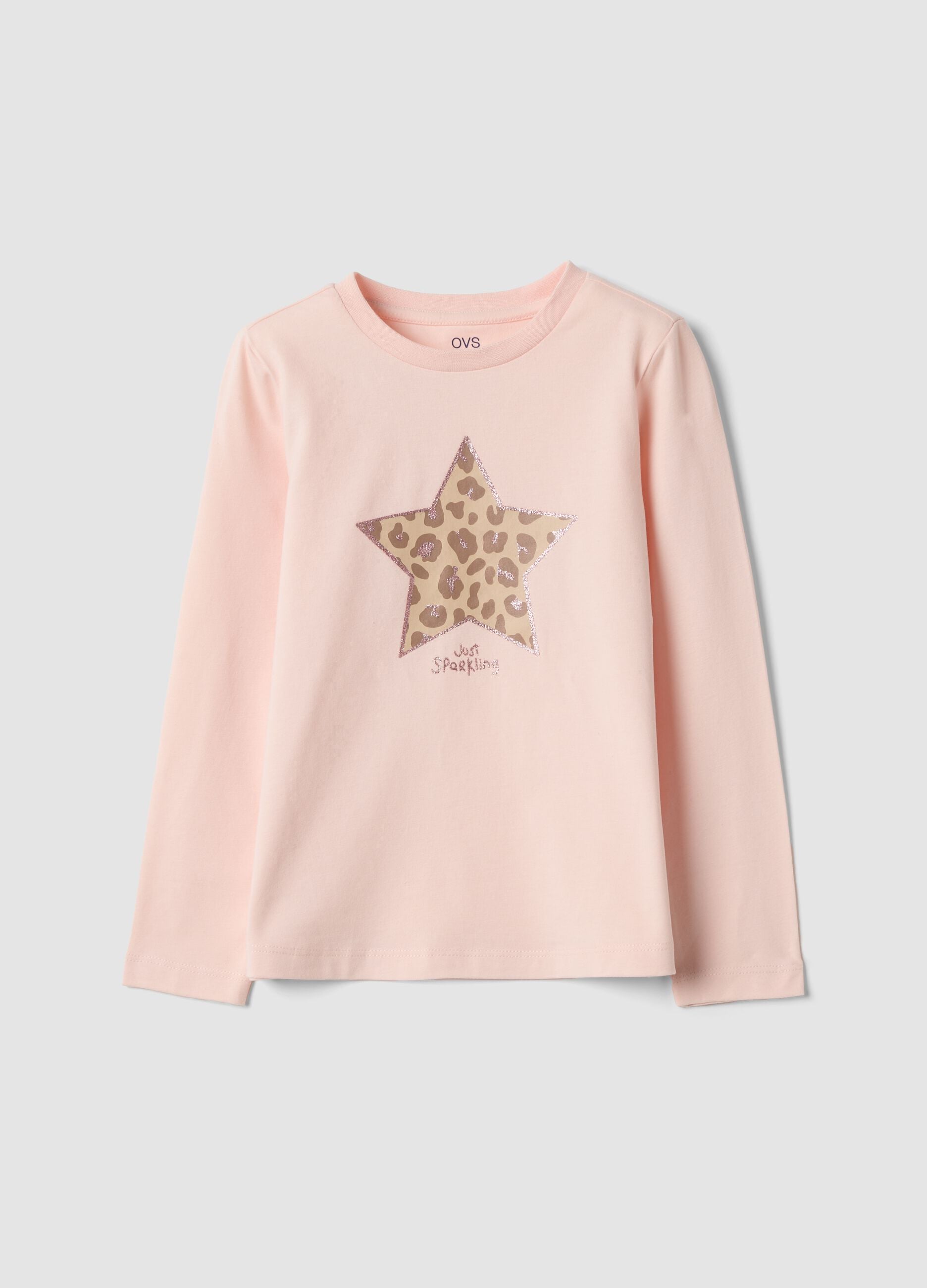 Pink stretch organic cotton crew-neck T-shirt