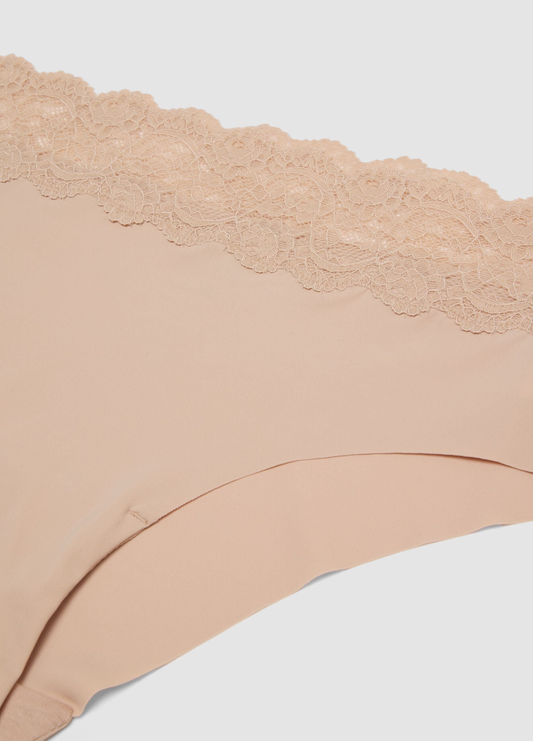 Beige stretch microfibre briefs with lace