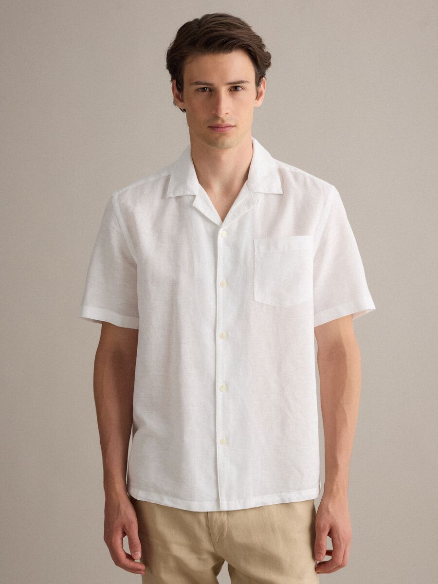 White linen-cotton blend shirt with bowling collar, regular fit_1