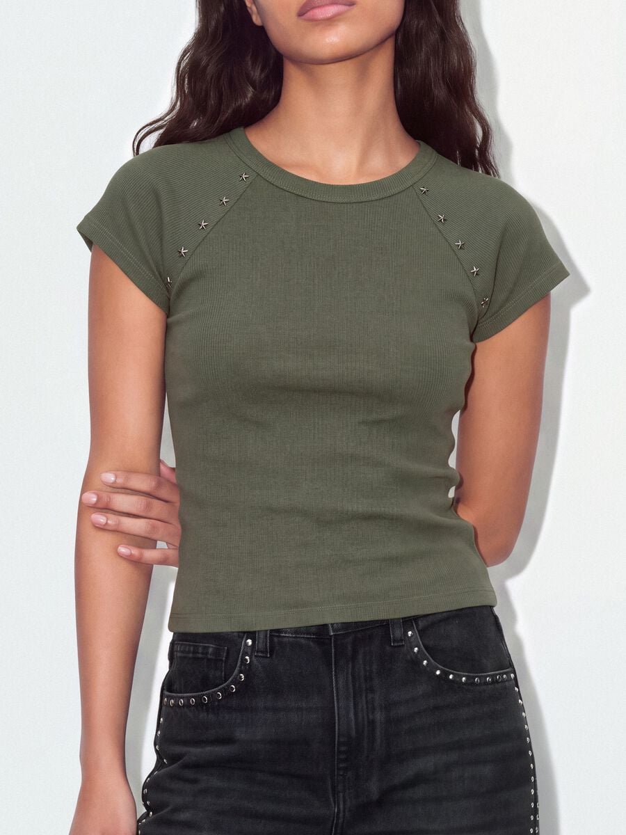 Green fitted ribbed stretch-cotton T-shirt with studs_3