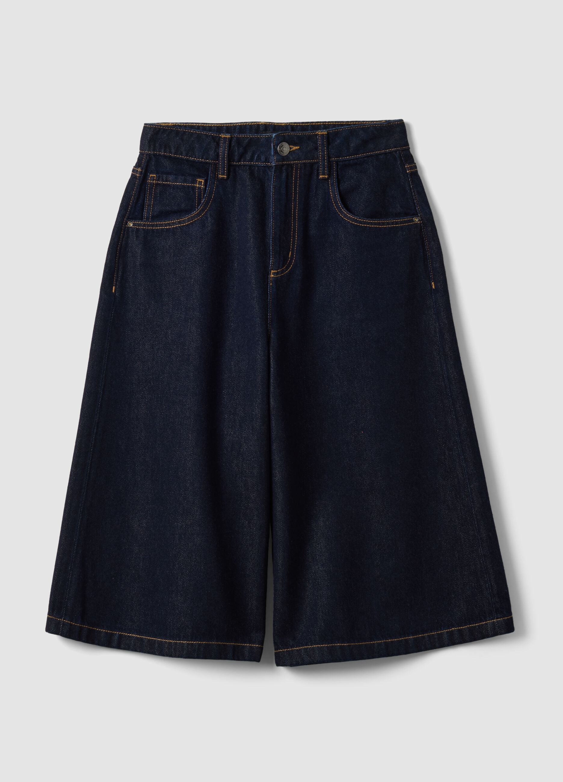 Bermuda denim blu in misto cotone e lyocell wide leg