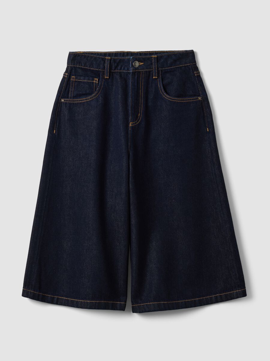 Blue denim wide-leg Bermuda shorts in cotton and lyocell blend_4