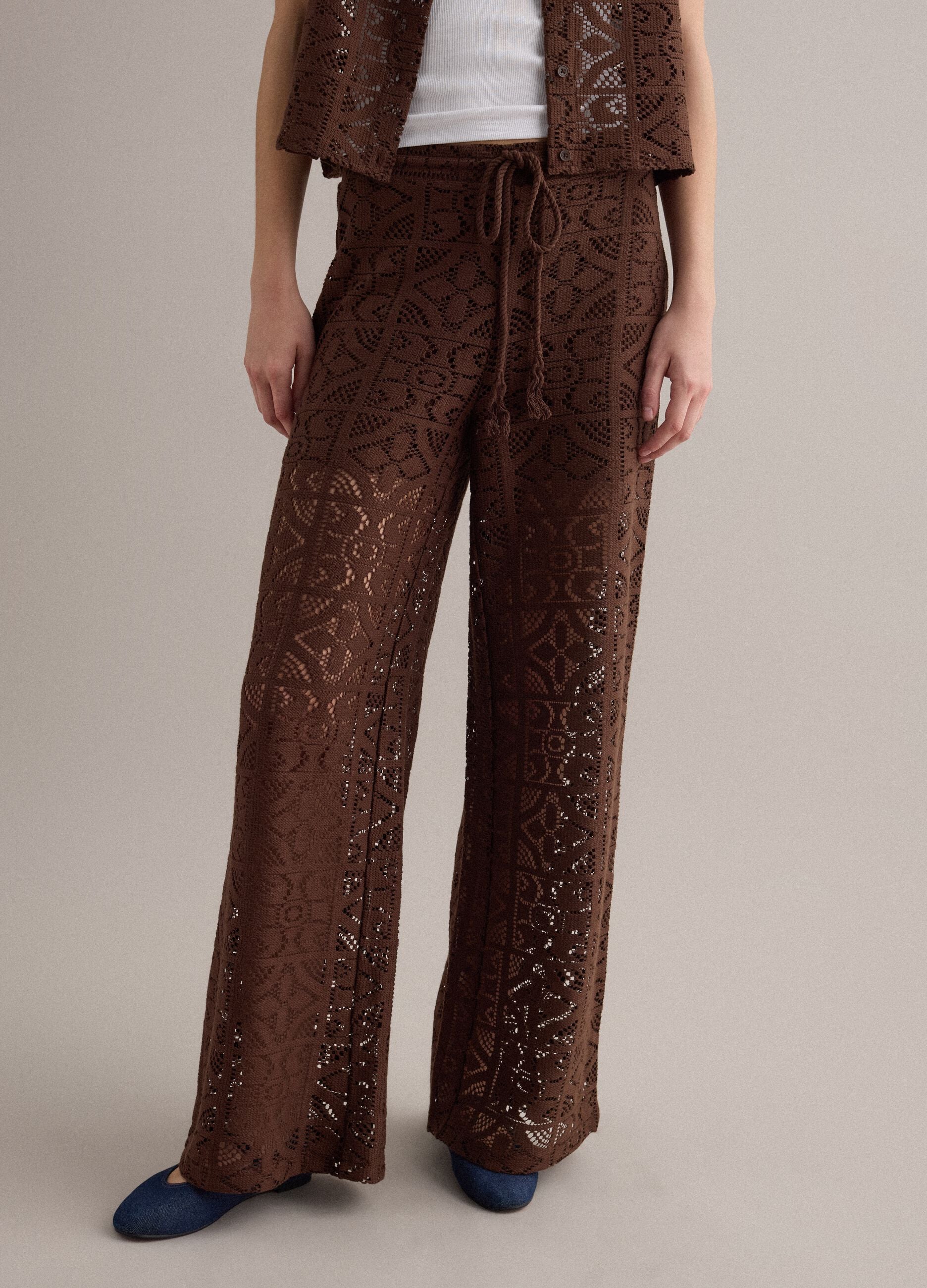 Brown openwork wide-leg trousers with elasticated waistband