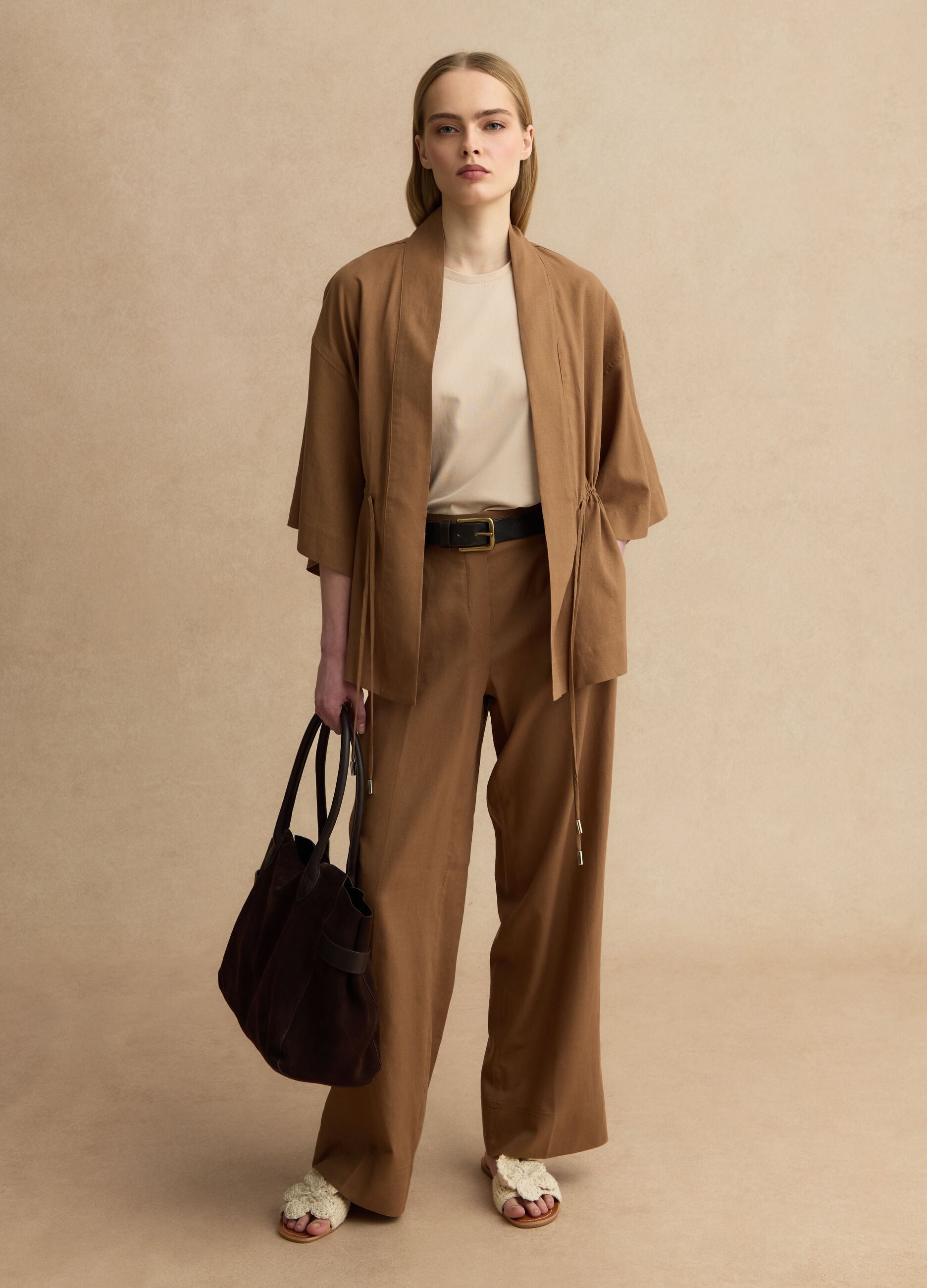 Brown wide leg linen blend trousers