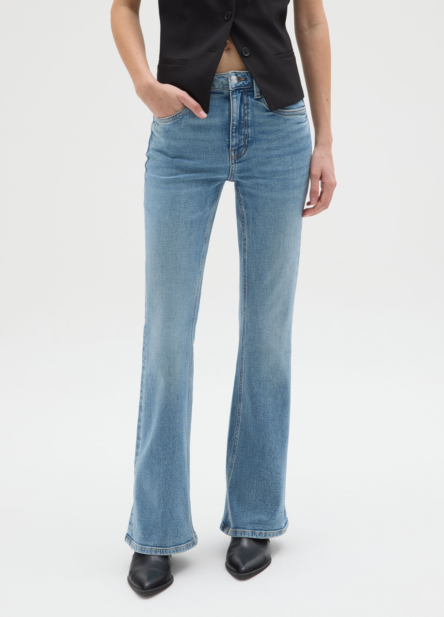Blue denim cotton stretch flare jeans