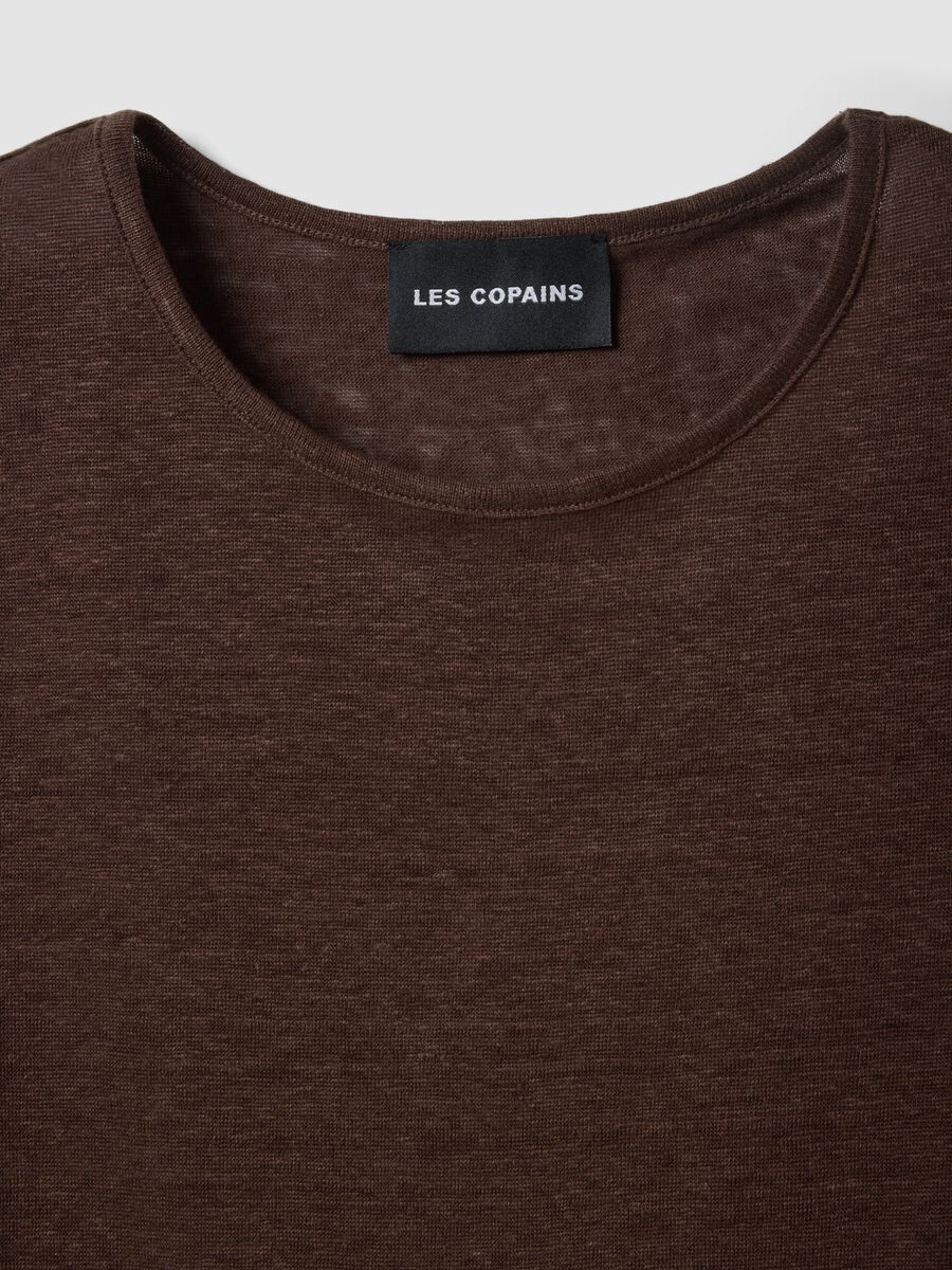 Brown short-sleeved pure linen T-shirt, regular fit_5