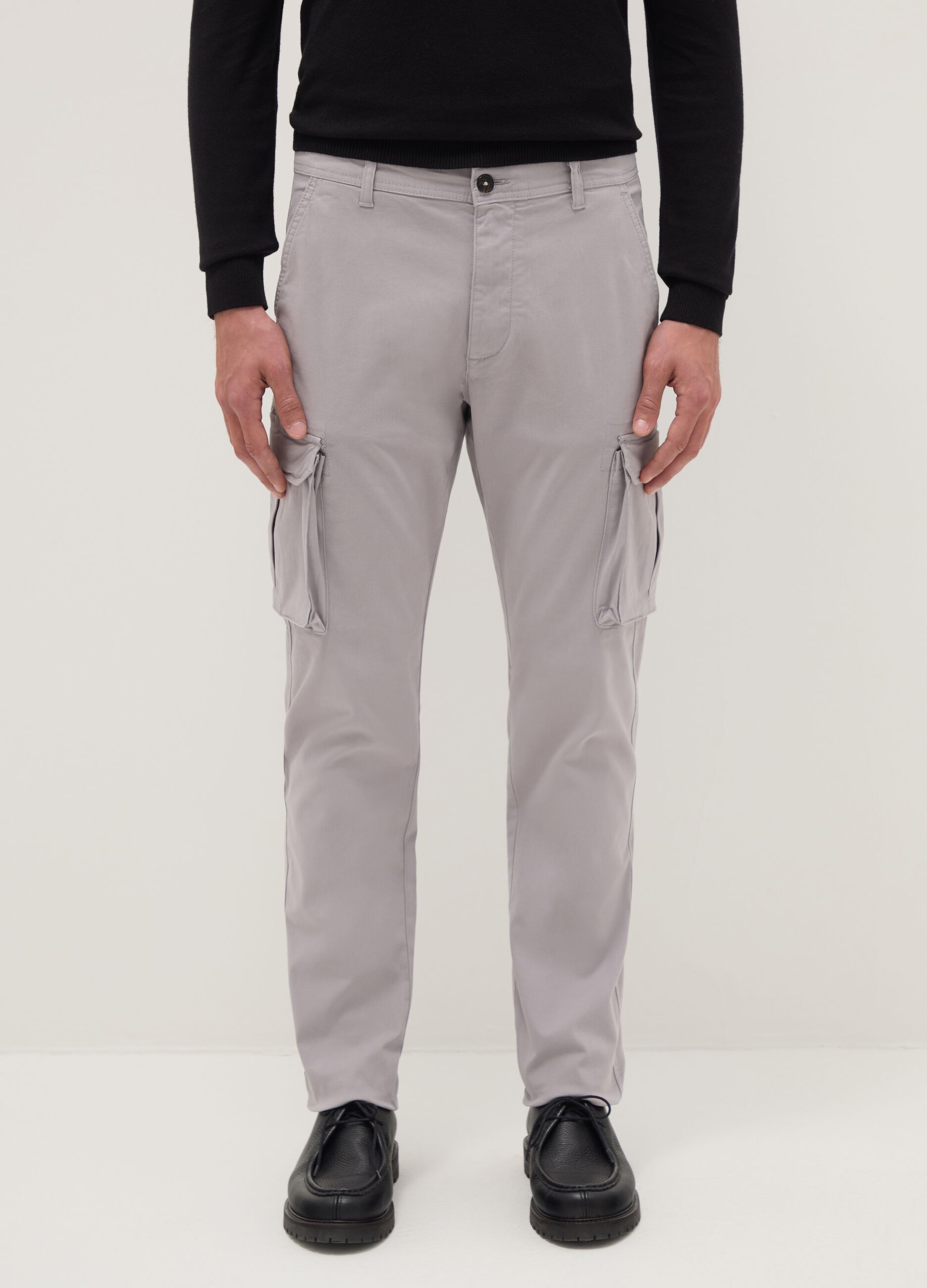 Grey slim fit stretch cotton cargo trousers