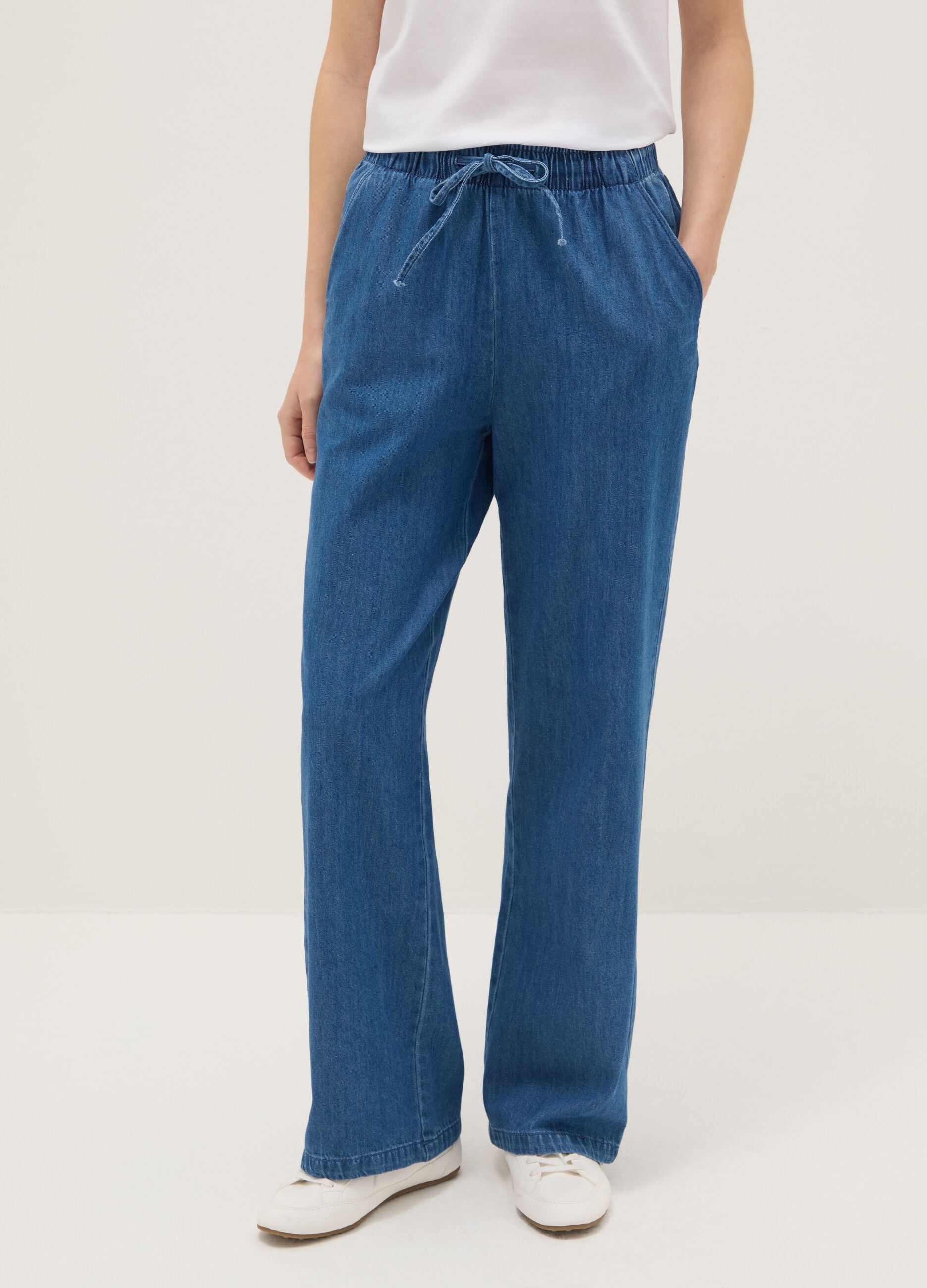 Wide leg blue denim pure cotton trousers with elastic waistband