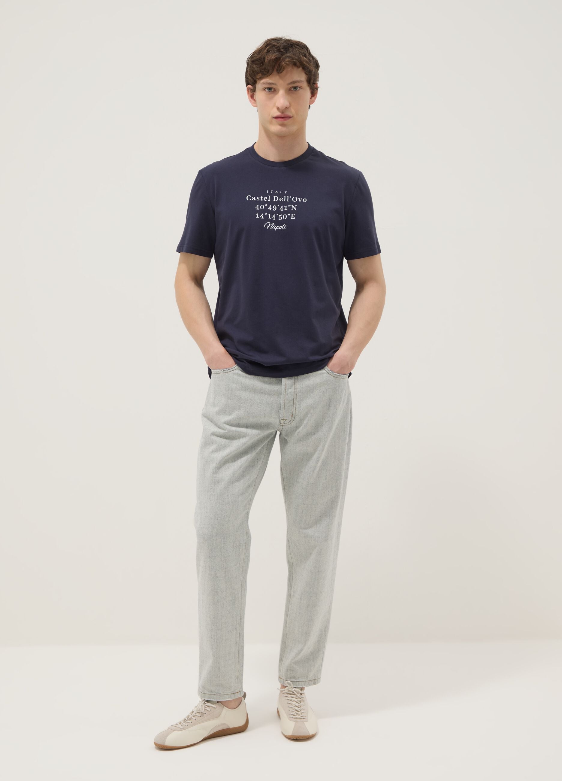 Blue pure cotton regular-fit short-sleeve T-shirt