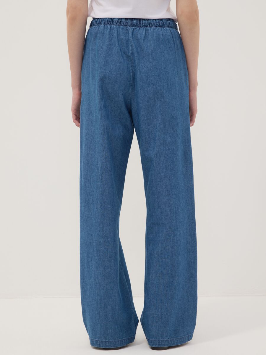 Blue pure cotton wide-leg denim trousers with drawstring_2