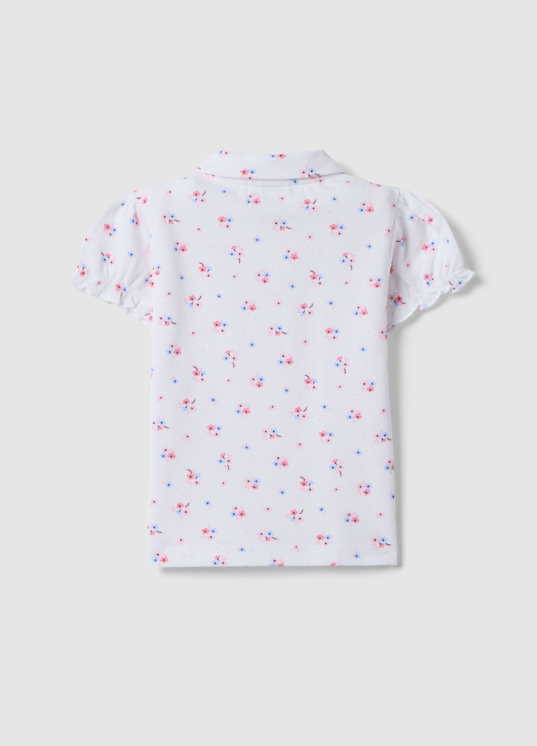 Girls' pure cotton white polo with floral pattern, regular fit