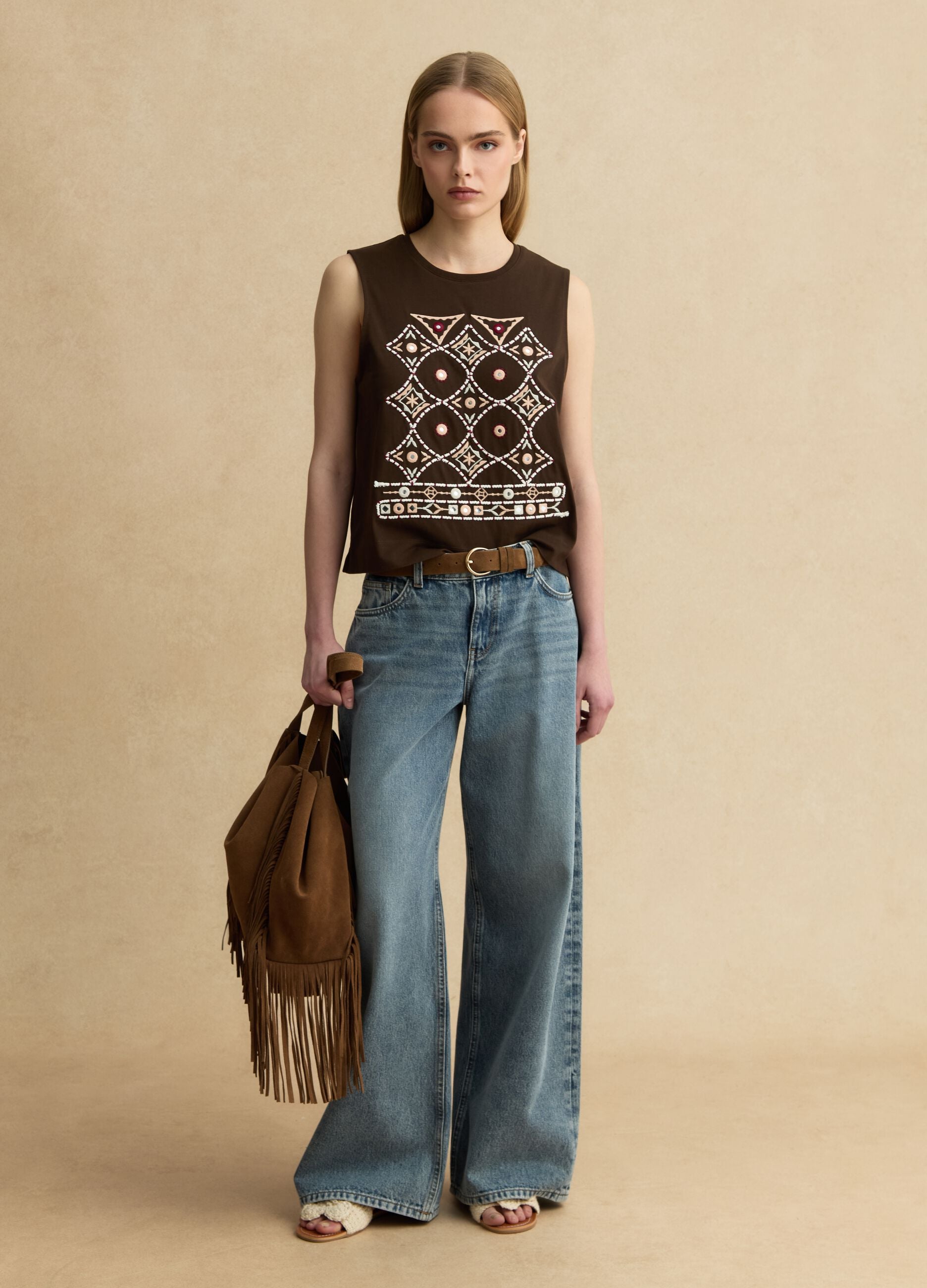 Brown pure cotton regular fit tank top with embroidery