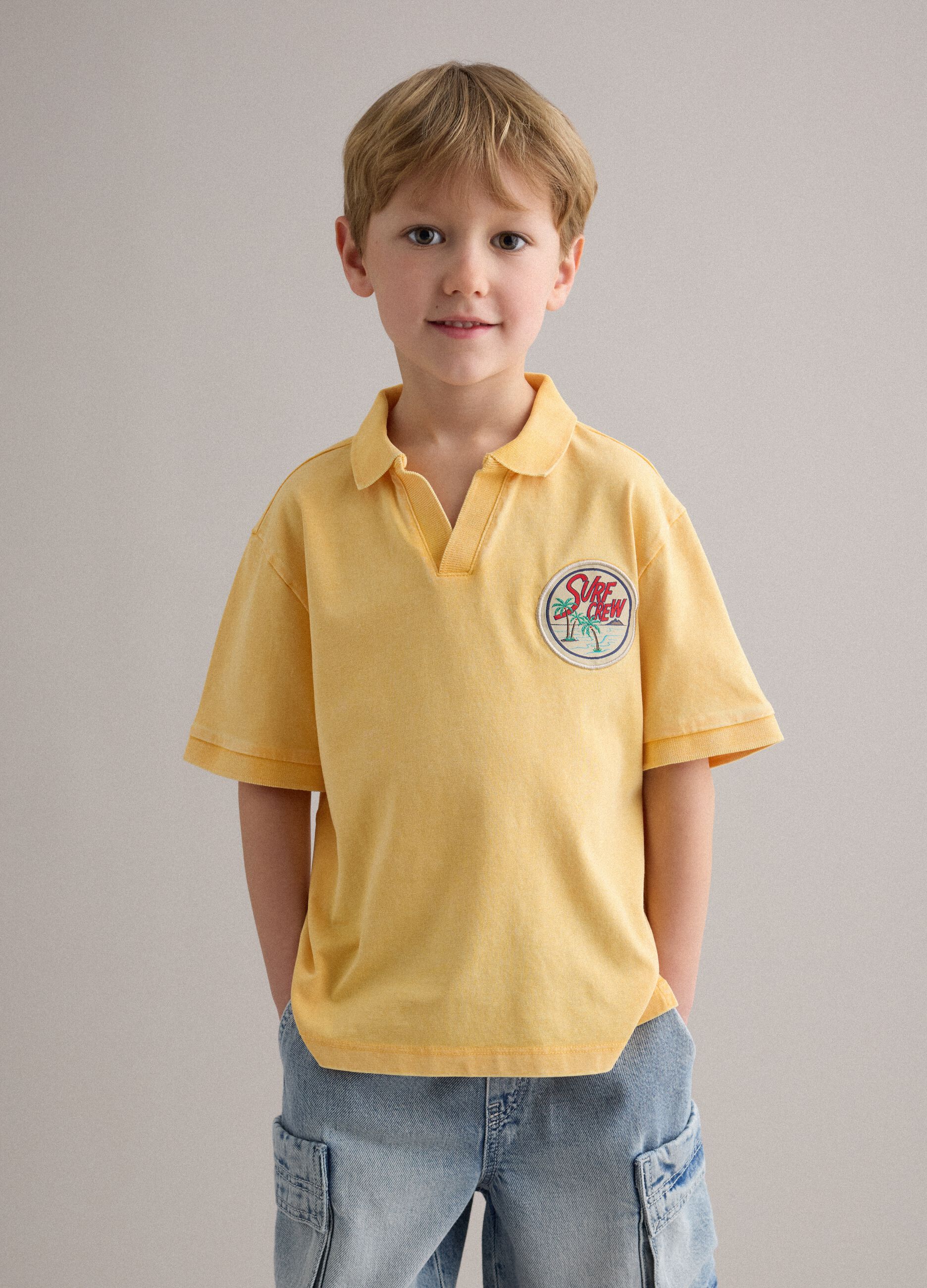 Yellow pure cotton polo shirt for boys regular fit with embroidery
