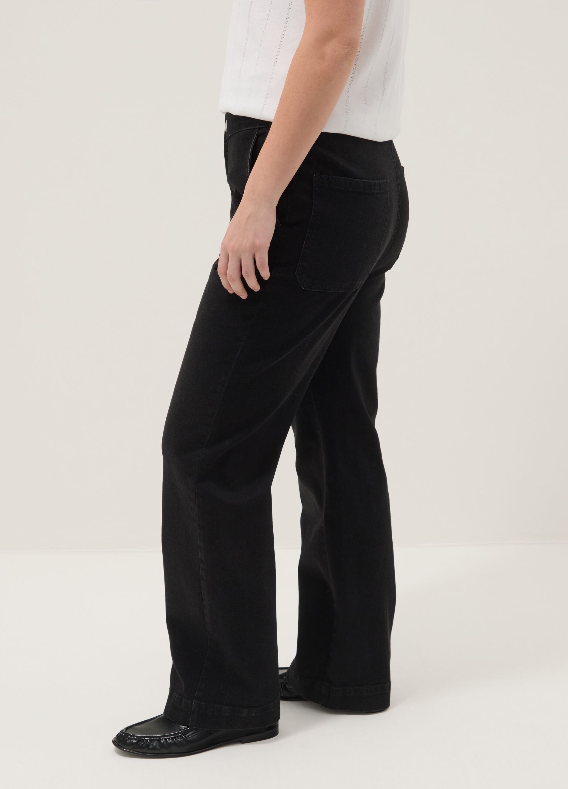 Black stretch cotton wide leg jeans