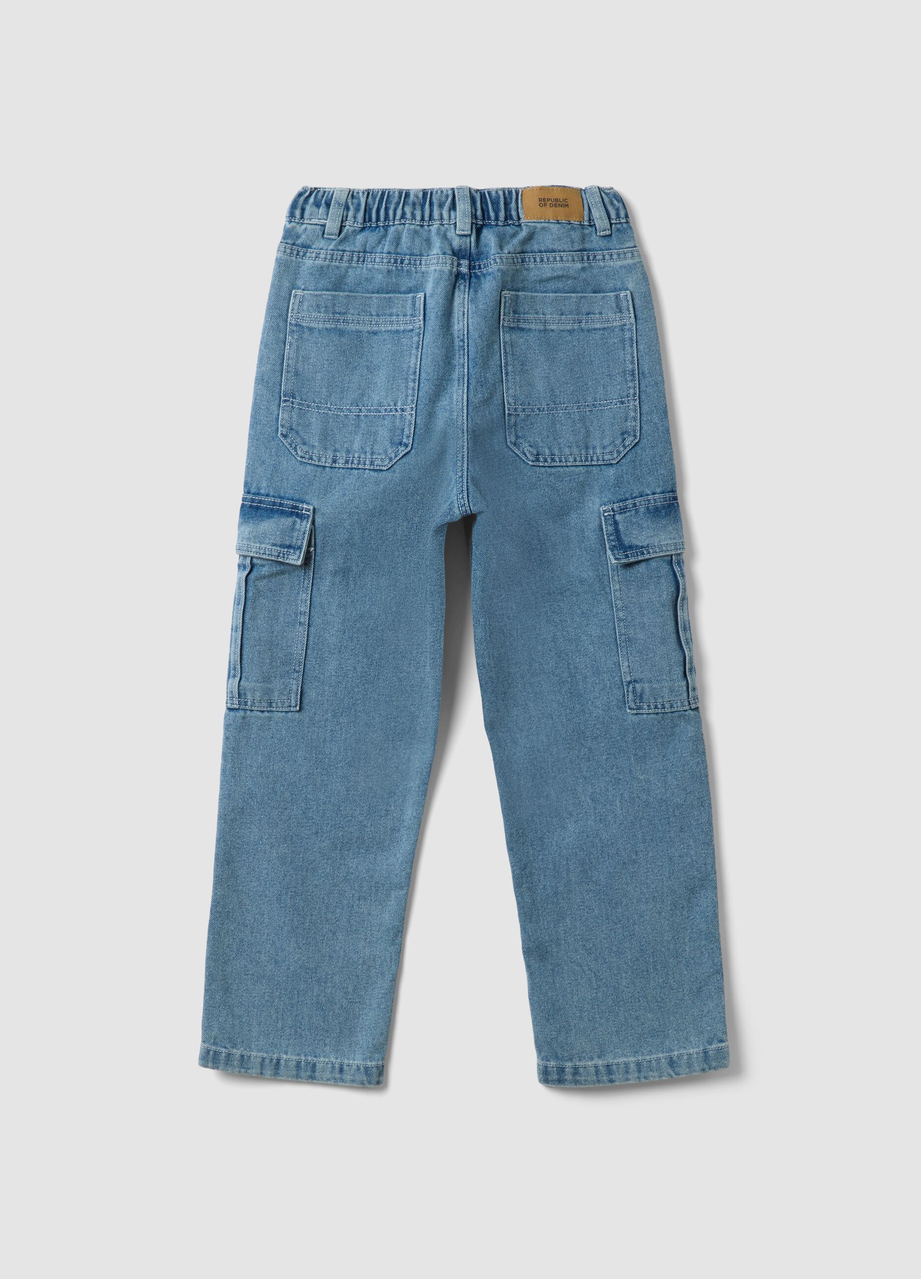 Light blue denim cargo jeans in cotton-viscose blend, straight fit