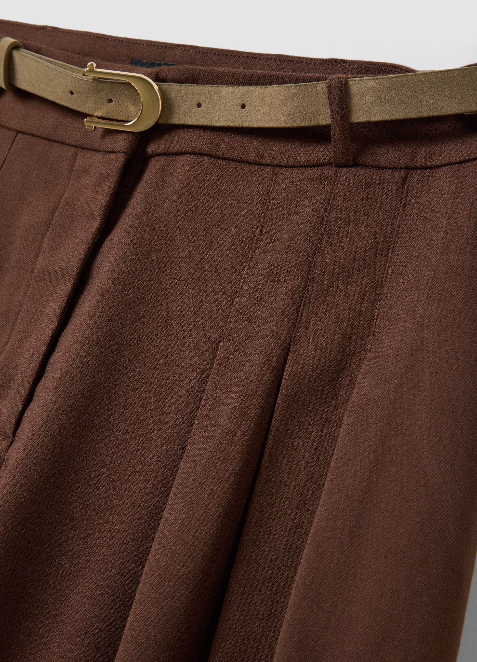Brown wide-leg formal trousers in stretch viscose with belt