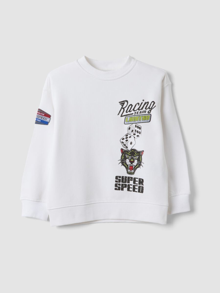 White cotton-blend crew-neck racing print sweatshirt for boys_0