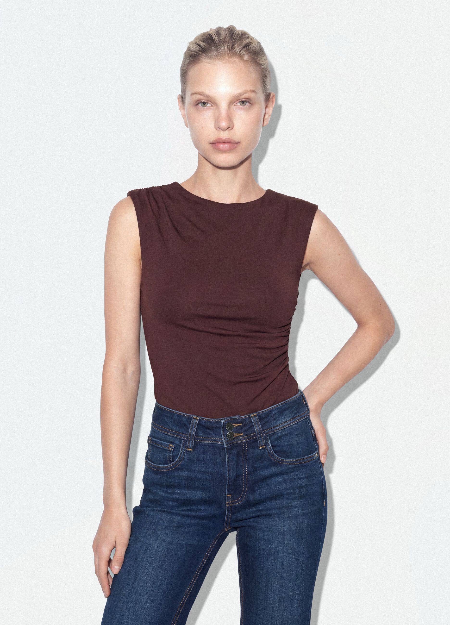 Brown stretch bodysuit with ruching, regular fit
