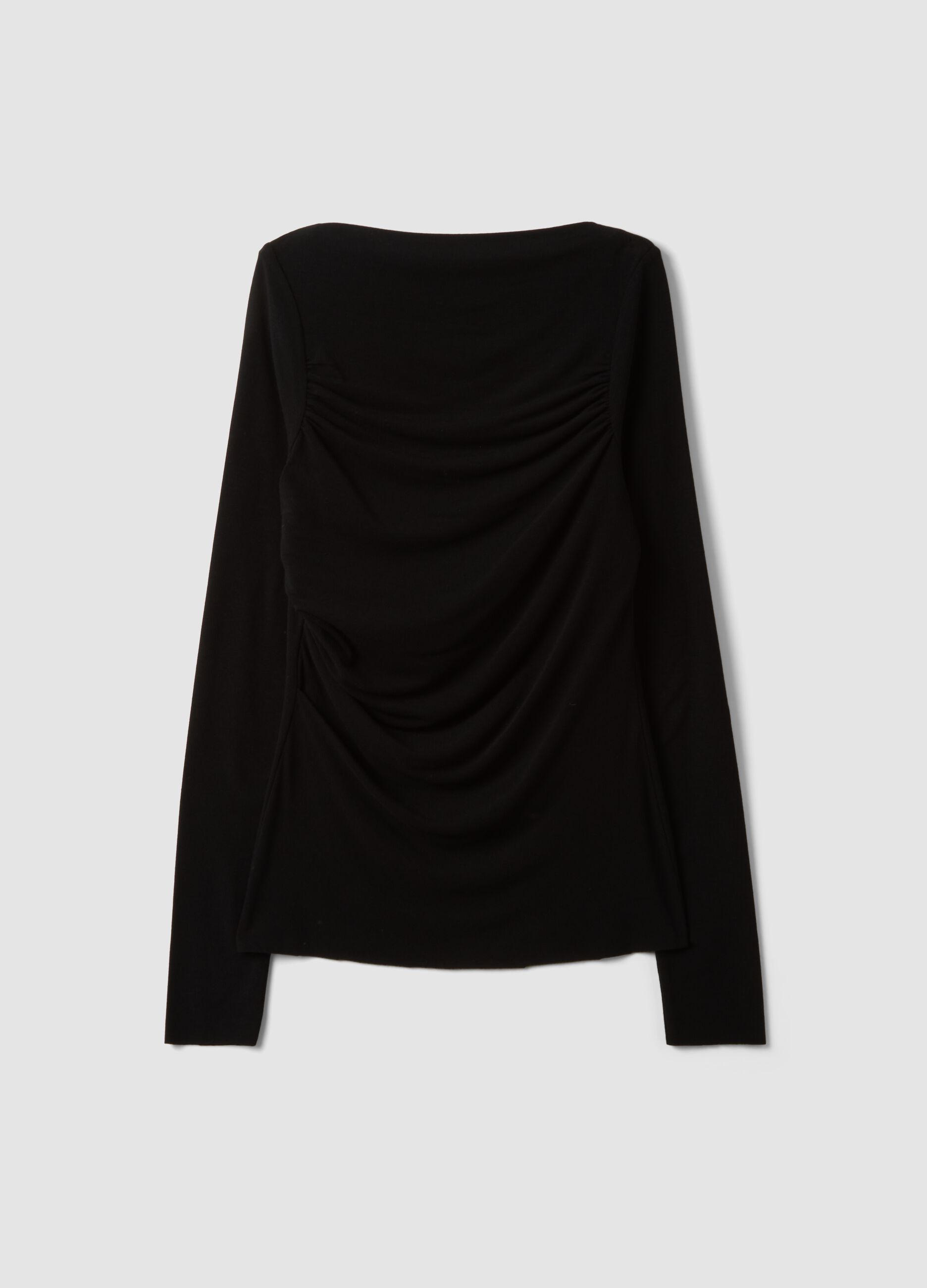 Black stretch viscose, silk and wool T-shirt with draping
