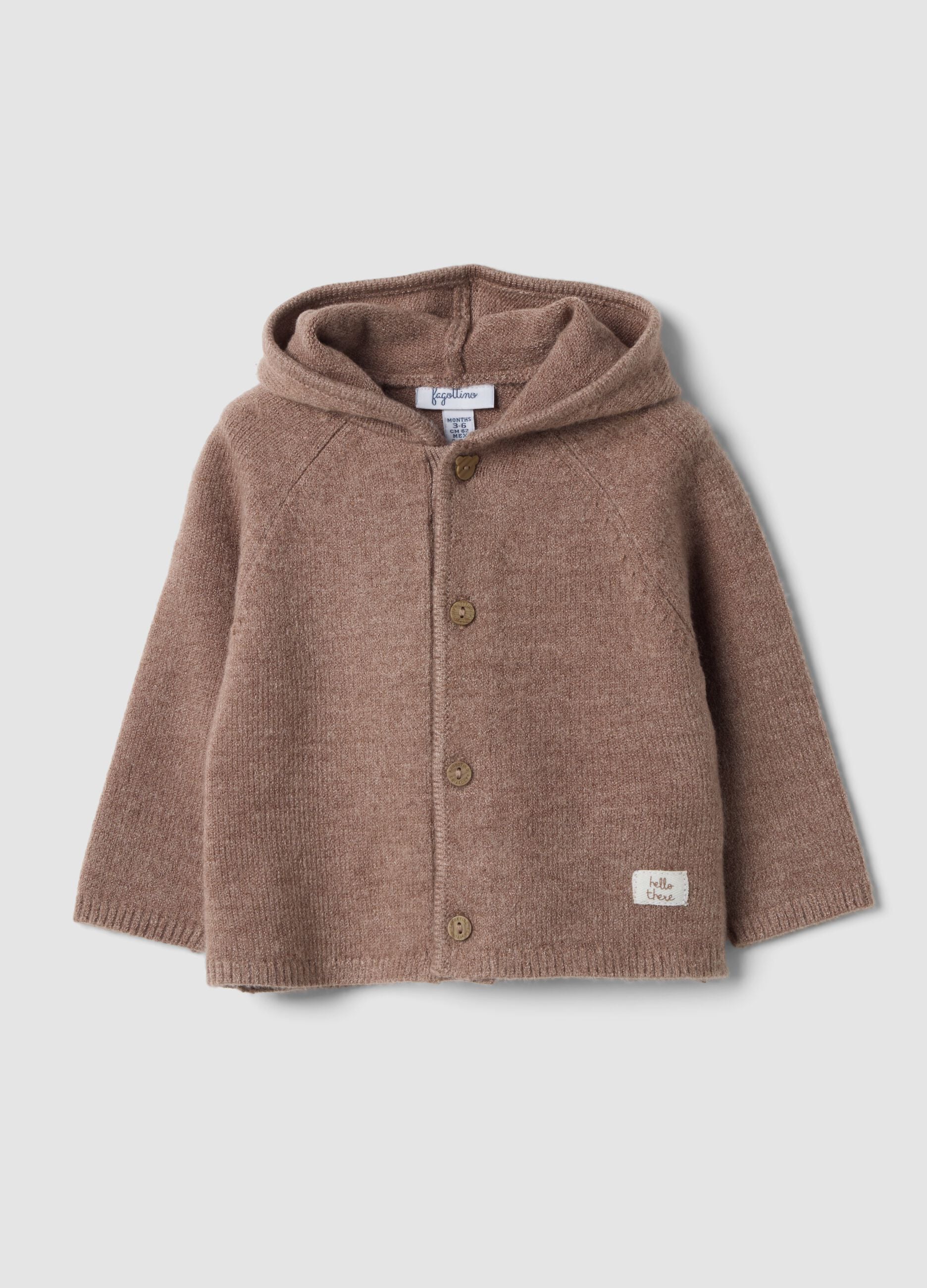 Brown knitted cardigan with crew neck and hood