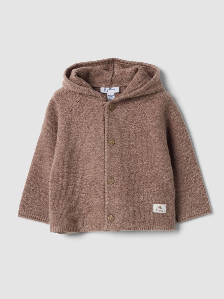 Brown knitted cardigan with crew neck and hood_0