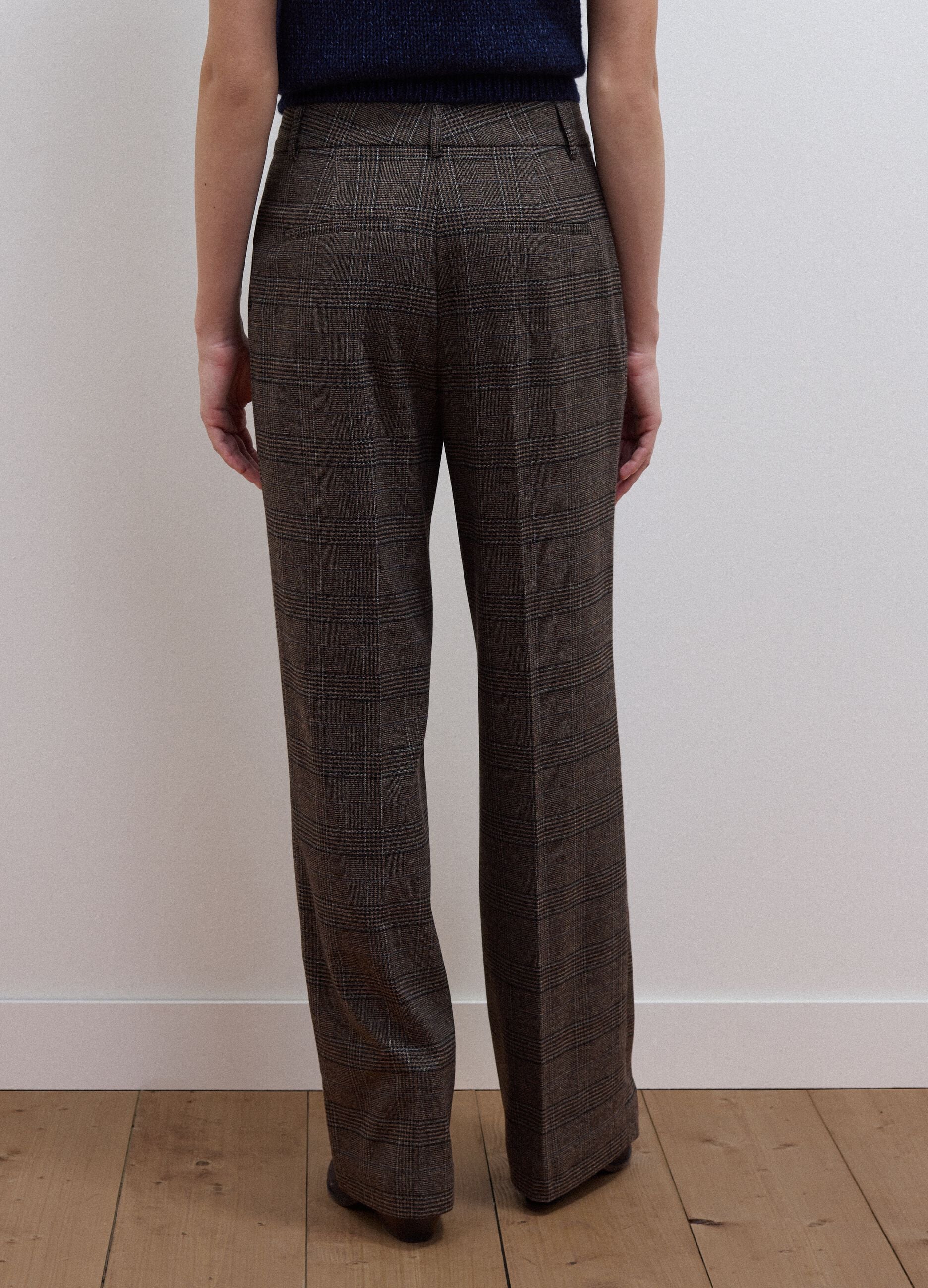 Brown wide-leg checked stretch-viscose trousers