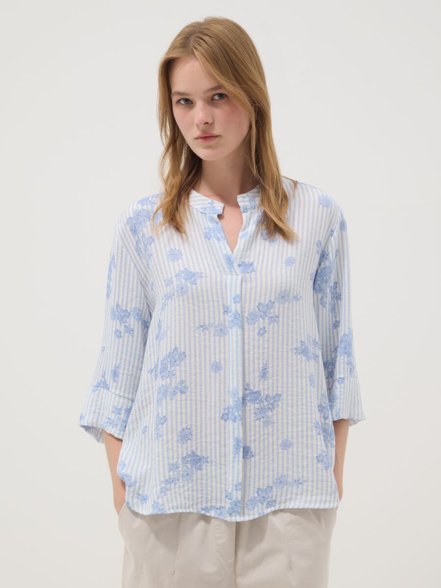 Light Blue Viscose-Blend Blouse with Stripes and Floral Print_0