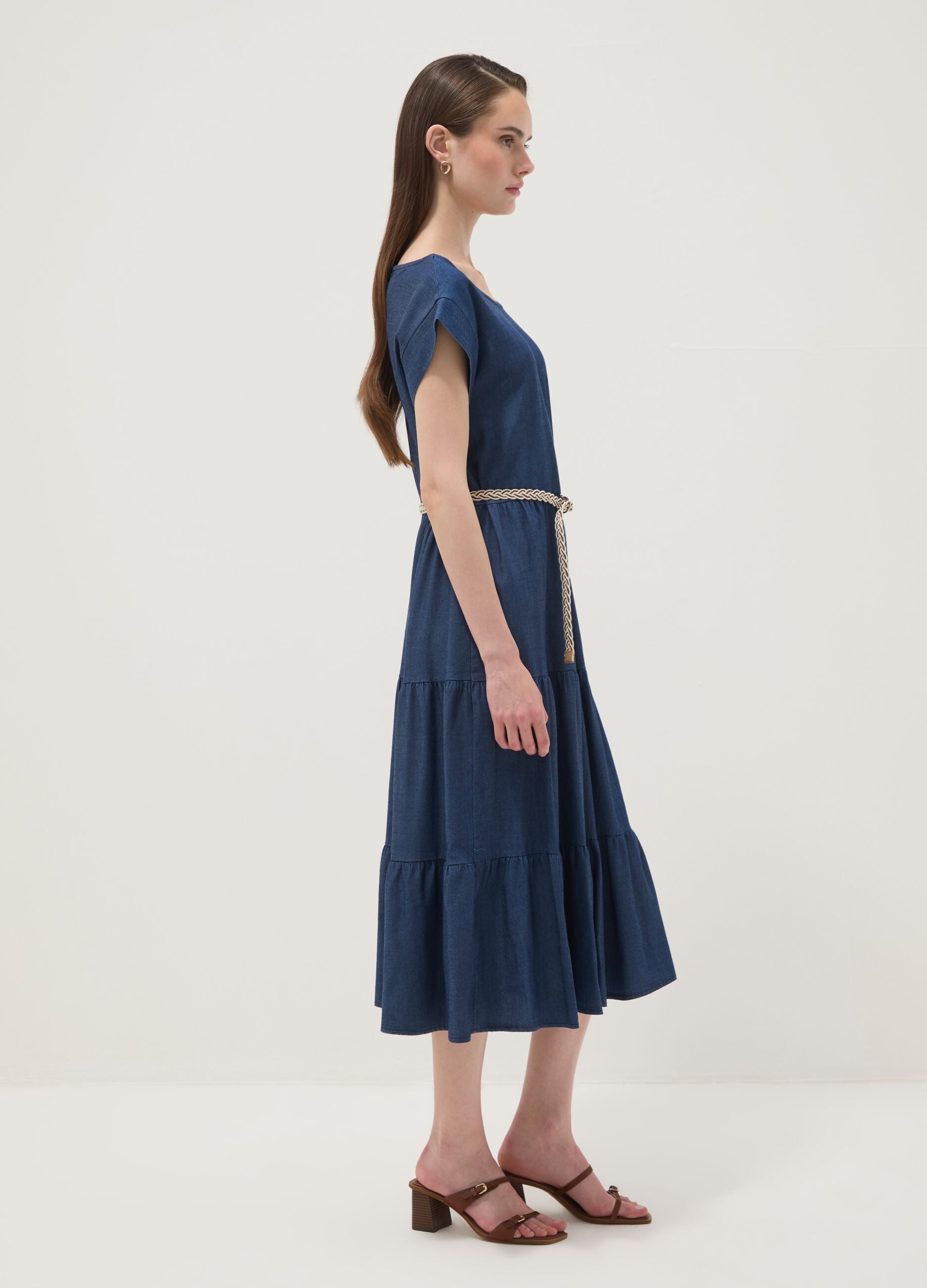 Blue midi dress in pure lyocell with braided belt