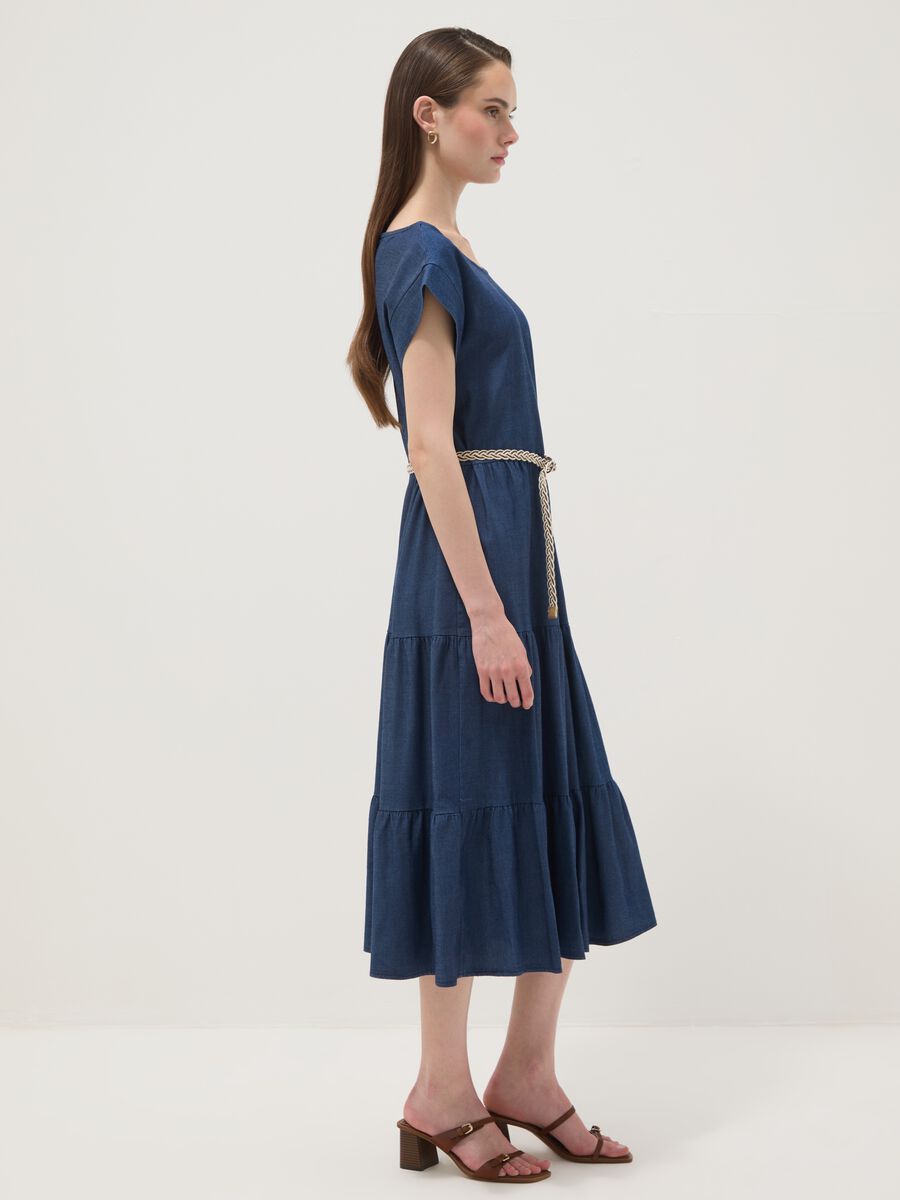 Blue midi dress in pure lyocell with braided belt_1