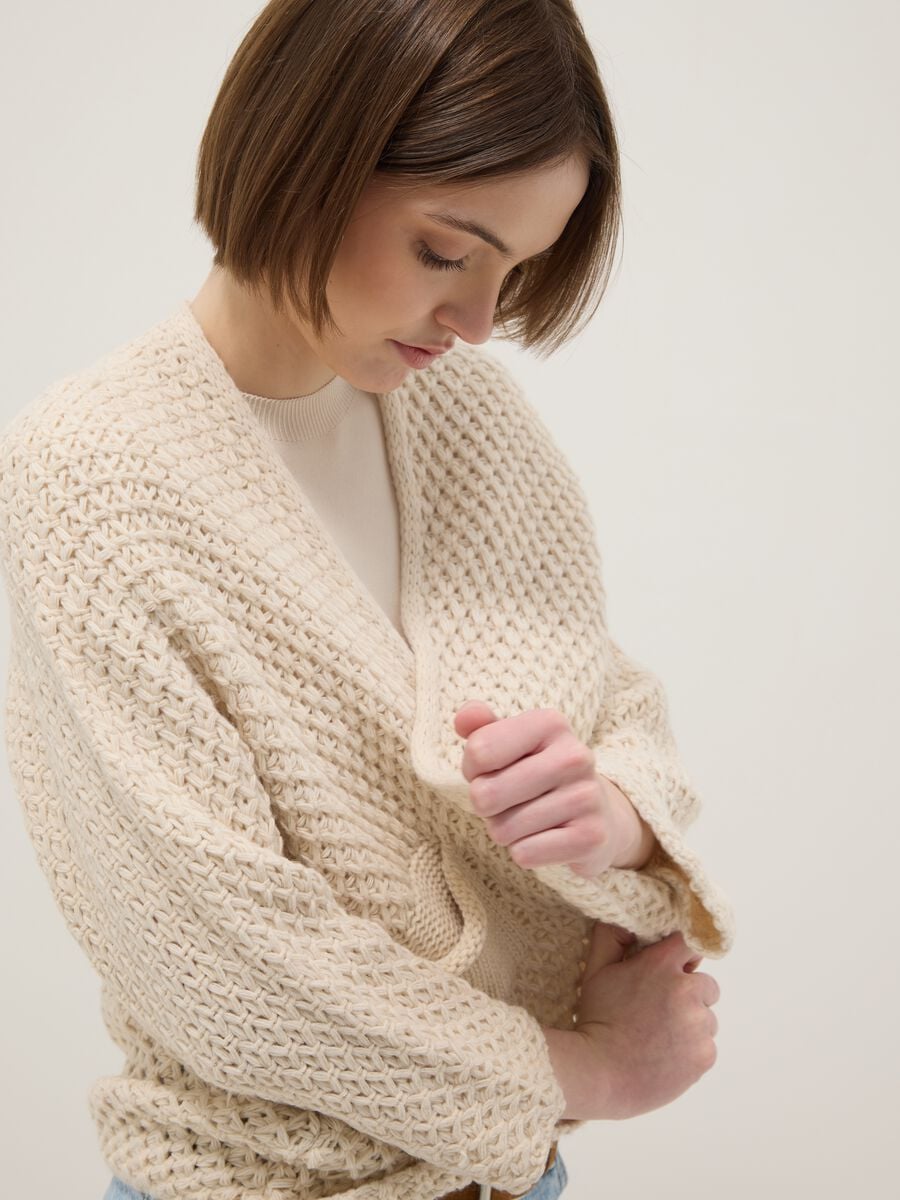 Beige Regular Fit Cable Knit Cardigan_1