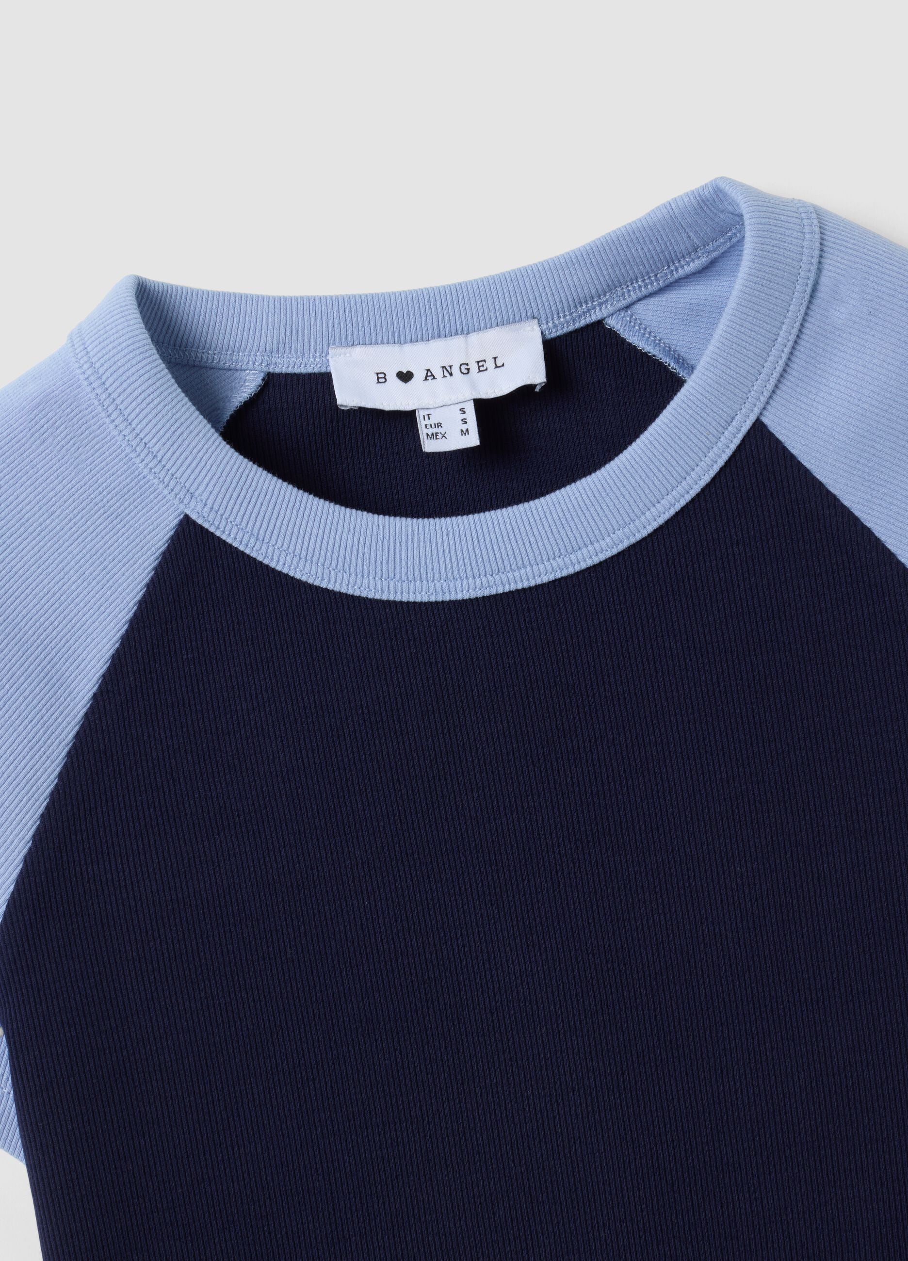 Blue stretch cotton crew-neck T-shirt with contrast sleeves