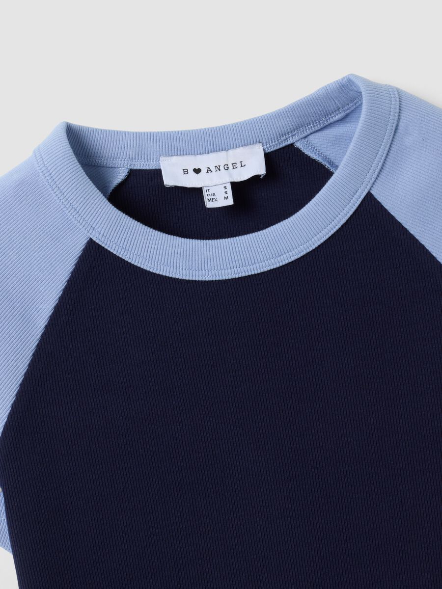 Blue stretch cotton crew-neck T-shirt with contrast sleeves_1