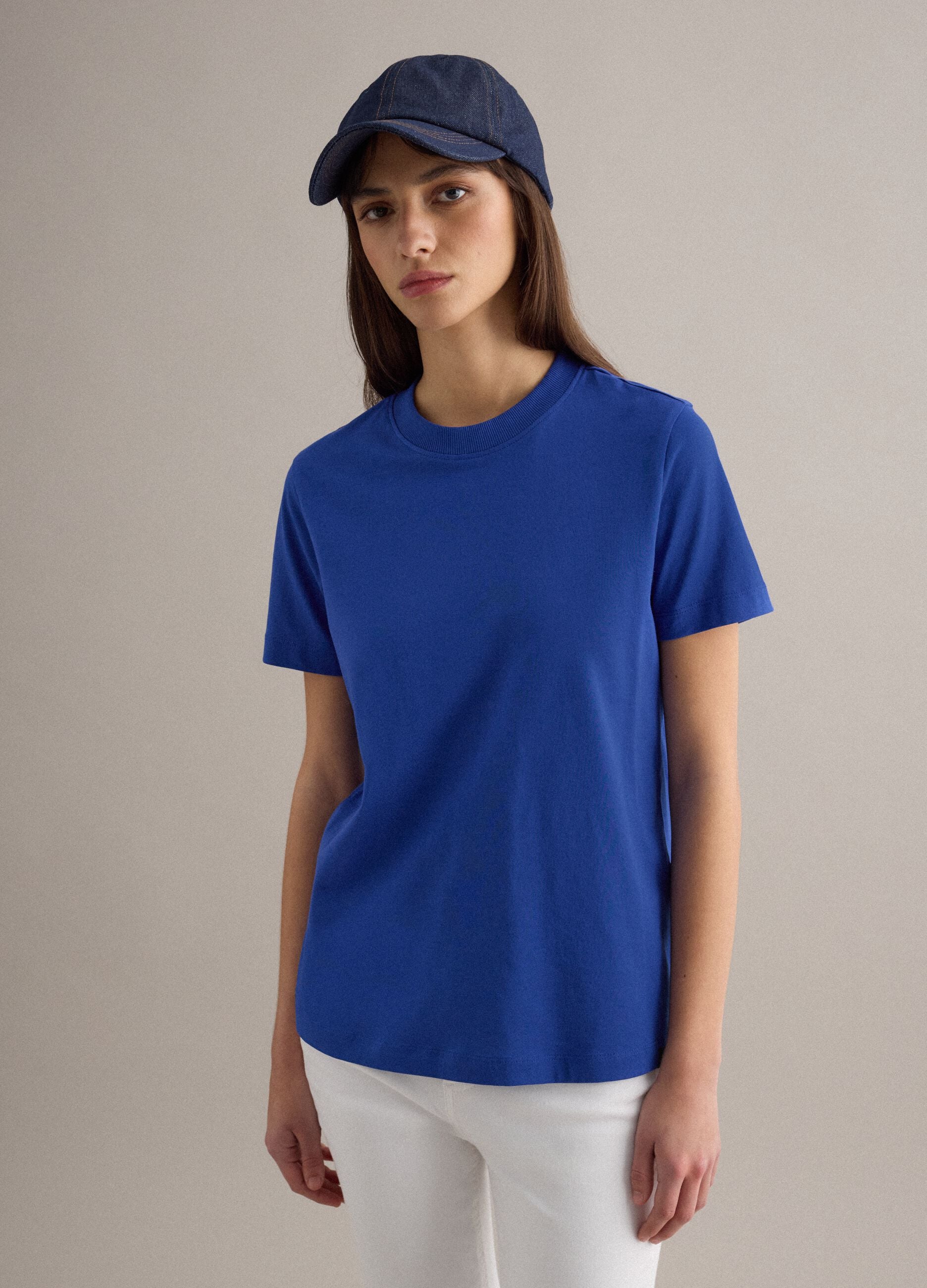 Regular fit blue crew neck cotton T-shirt