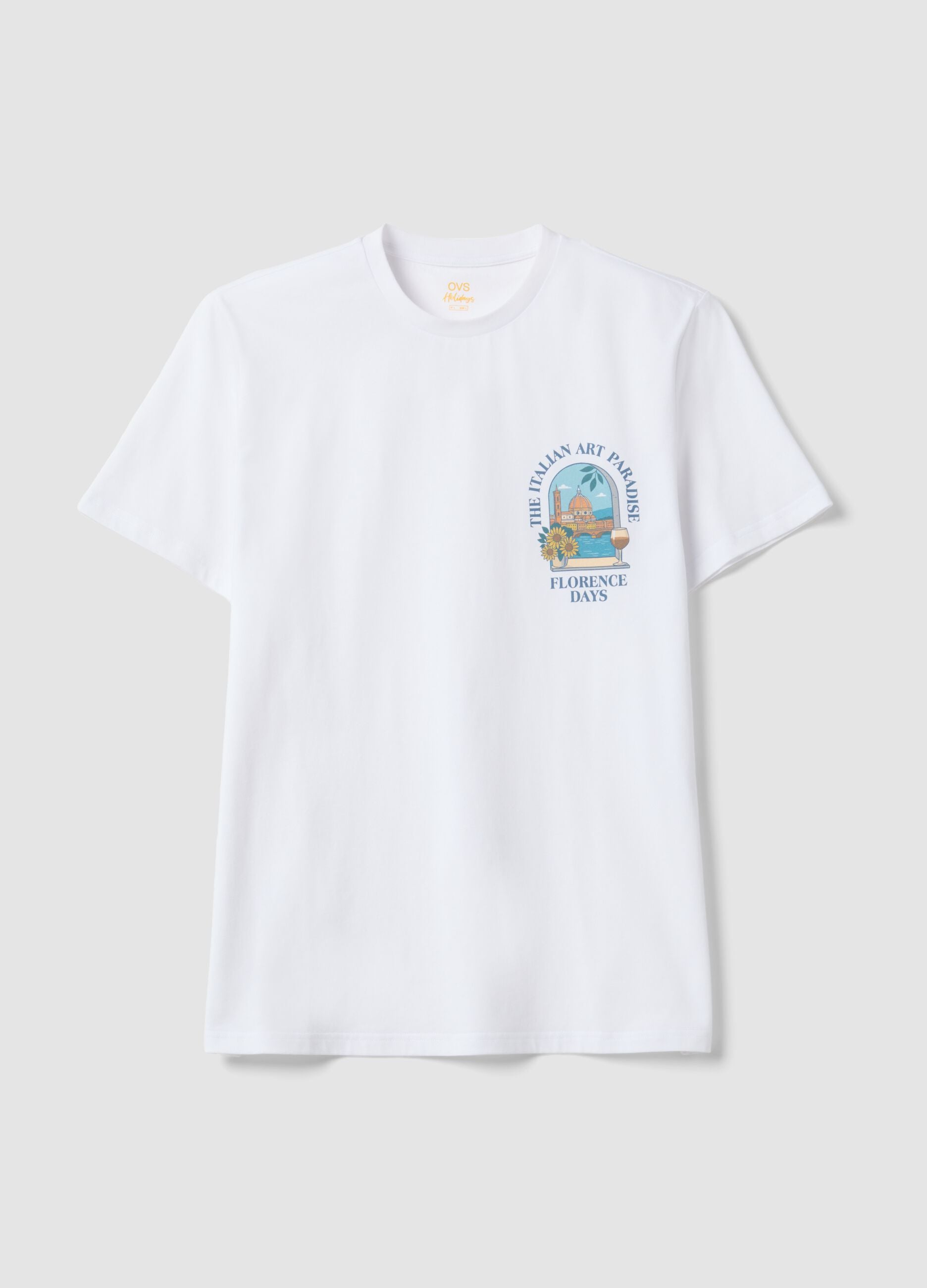 White pure cotton T-shirt with graphic print, regular fit