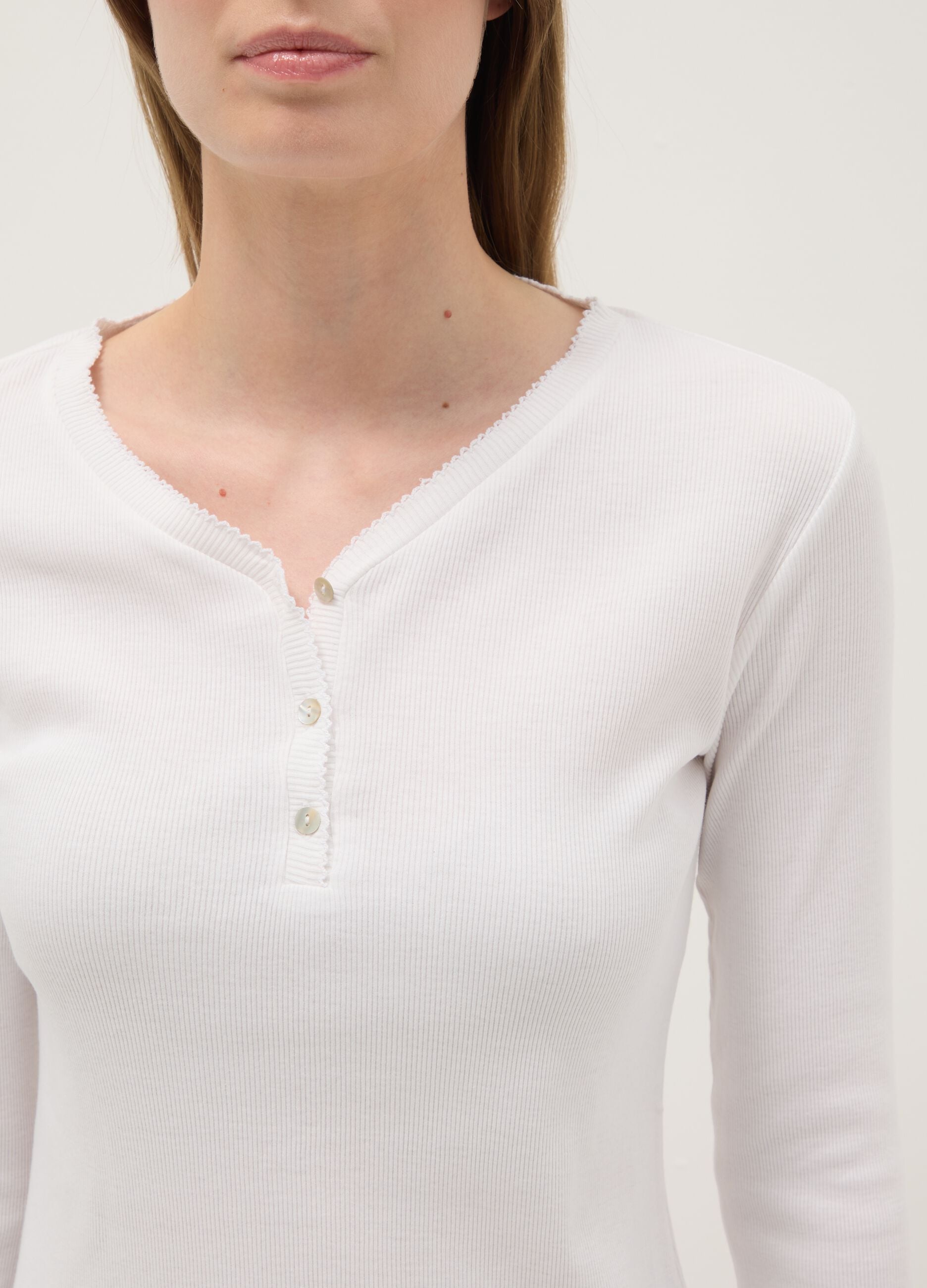 White pure cotton pyjama top, regular fit with henley collar