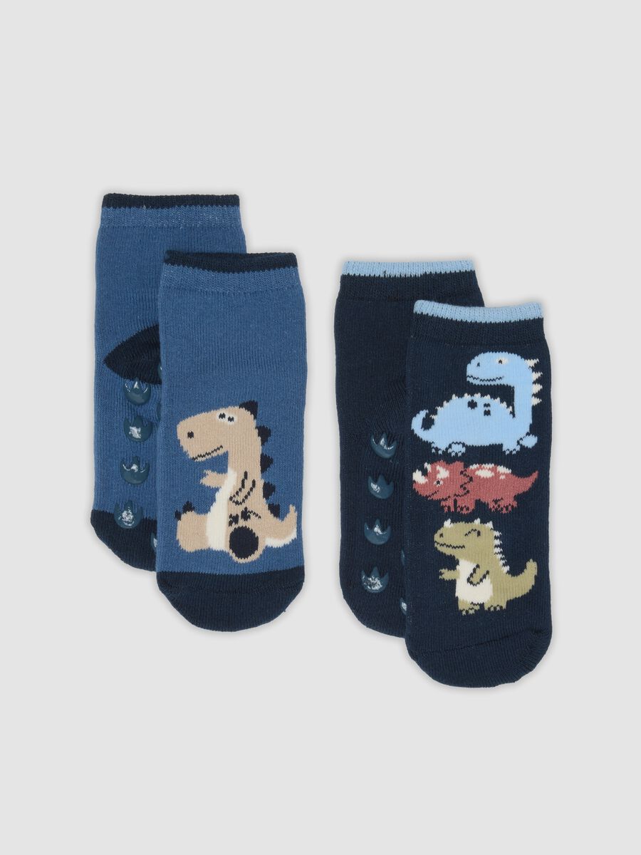 2-pack of blue non-slip socks in organic stretch cotton with dinosaur print_0