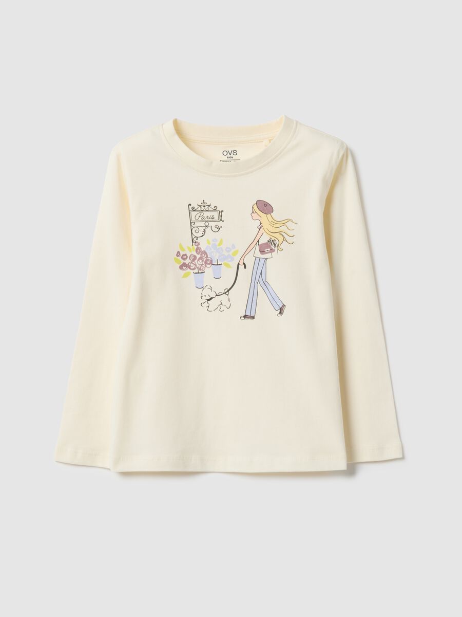Girl's regular fit beige pure cotton t-shirt with print_0
