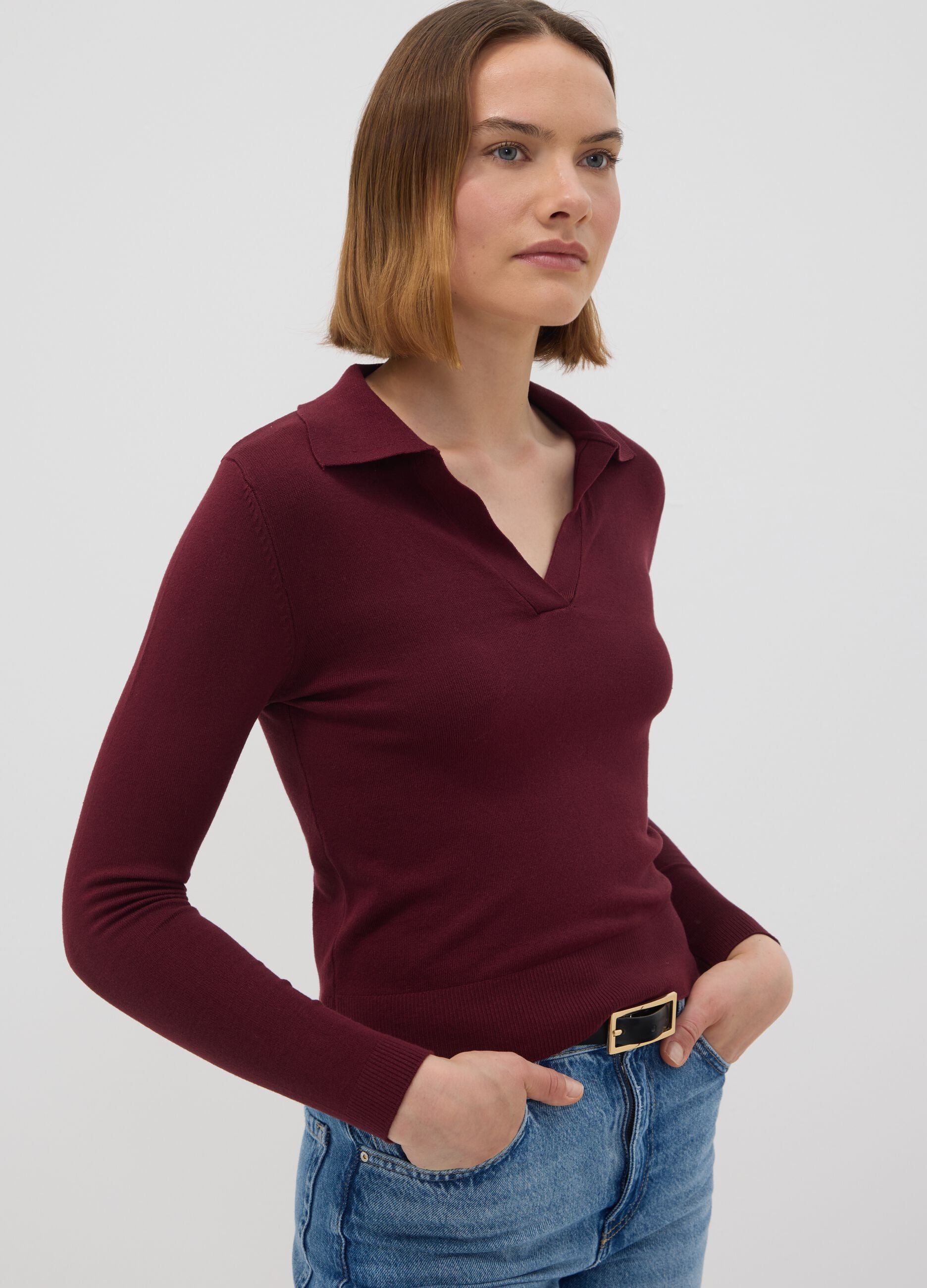 Red viscose-blend polo-collar top, regular fit